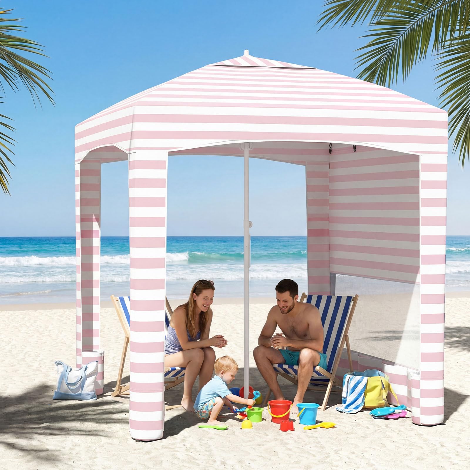 COSTWAY Strandzelt mit Seitenwand, 185 x 185 cm Strandüberdachung mit Sandsäcken & Erdnägeln, Beach Cabana Höhenverstellbar, Strandpavillon mit Tragetsache, Sonnensegel für Strand & Camping (Rosa) Sport & Freizeit