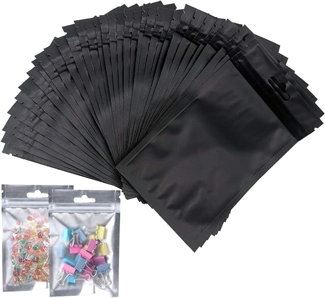 Mylar Ziplock Bags, 100 PCS Smell Proof Bags Resealable Mylar Ziplock Bags Foil Pouch Bag Flat Food Storage Bags Sample Bags Cali Packs for Party Favor Food Storage 9cmx15cm(3.6"x6") (black)
