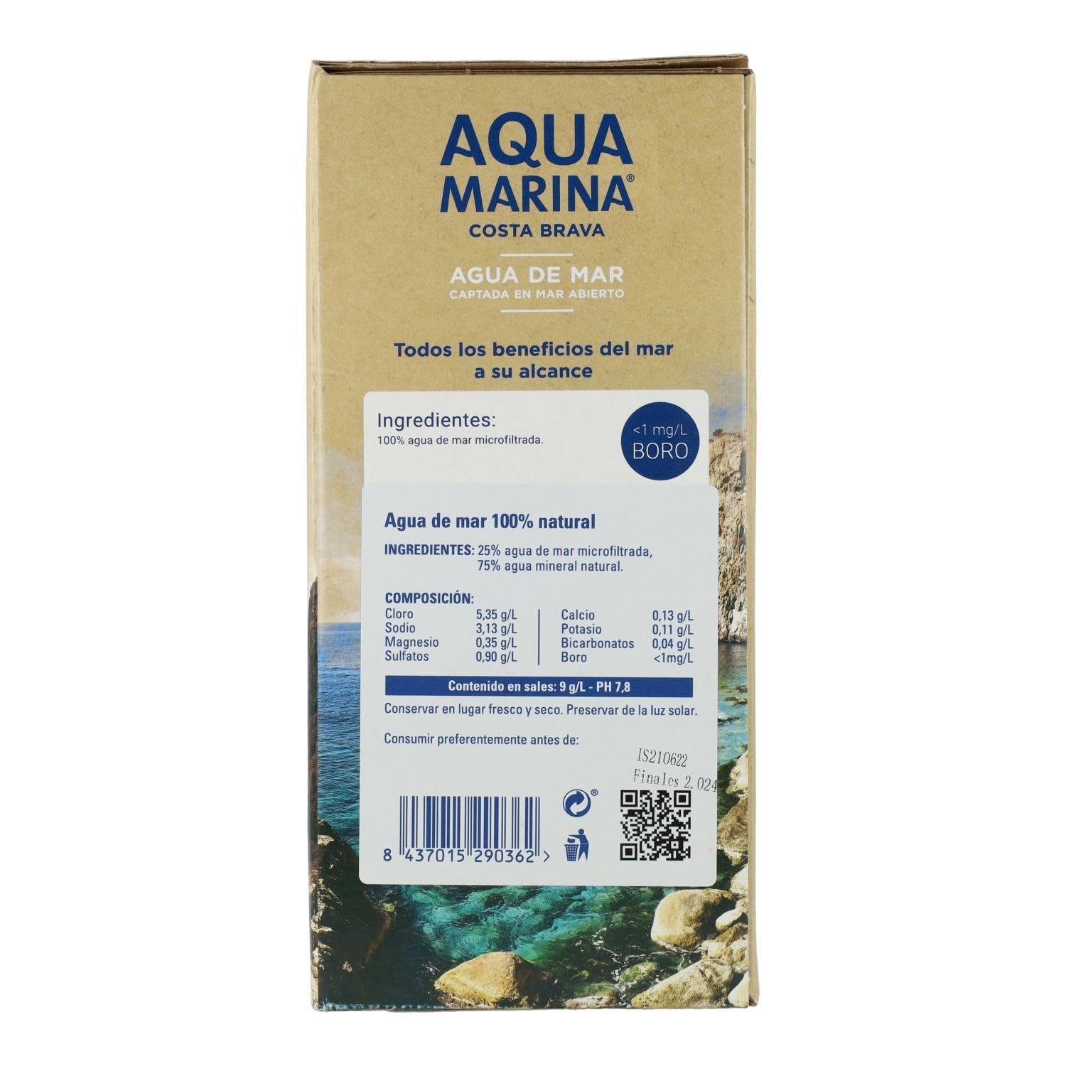 AQUAMARINA Costa Brava - Bag In Box - Isotonisches Meerwasser - Mikrofiltriert und ohne Zusatzstoffe, enthält mehr als 75 Mineralien und Spurenelemente, Remineralisierung. (3 Liter Isotonisch)