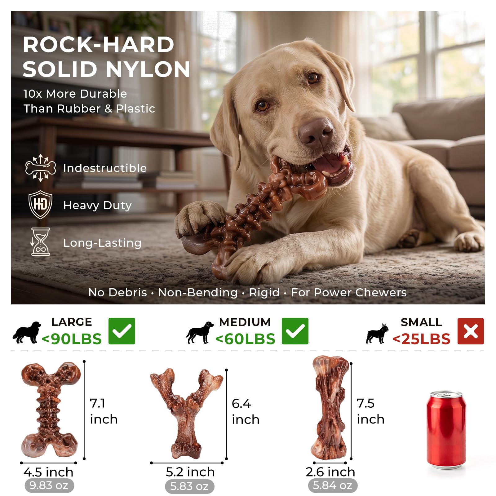 Paquete de 6 juguetes masticables de nailon resistente para perros medianos y grandes, sabor a tocino, nailon puro para masticadores agresivos, reduce el aburrimiento, formas variadas para un