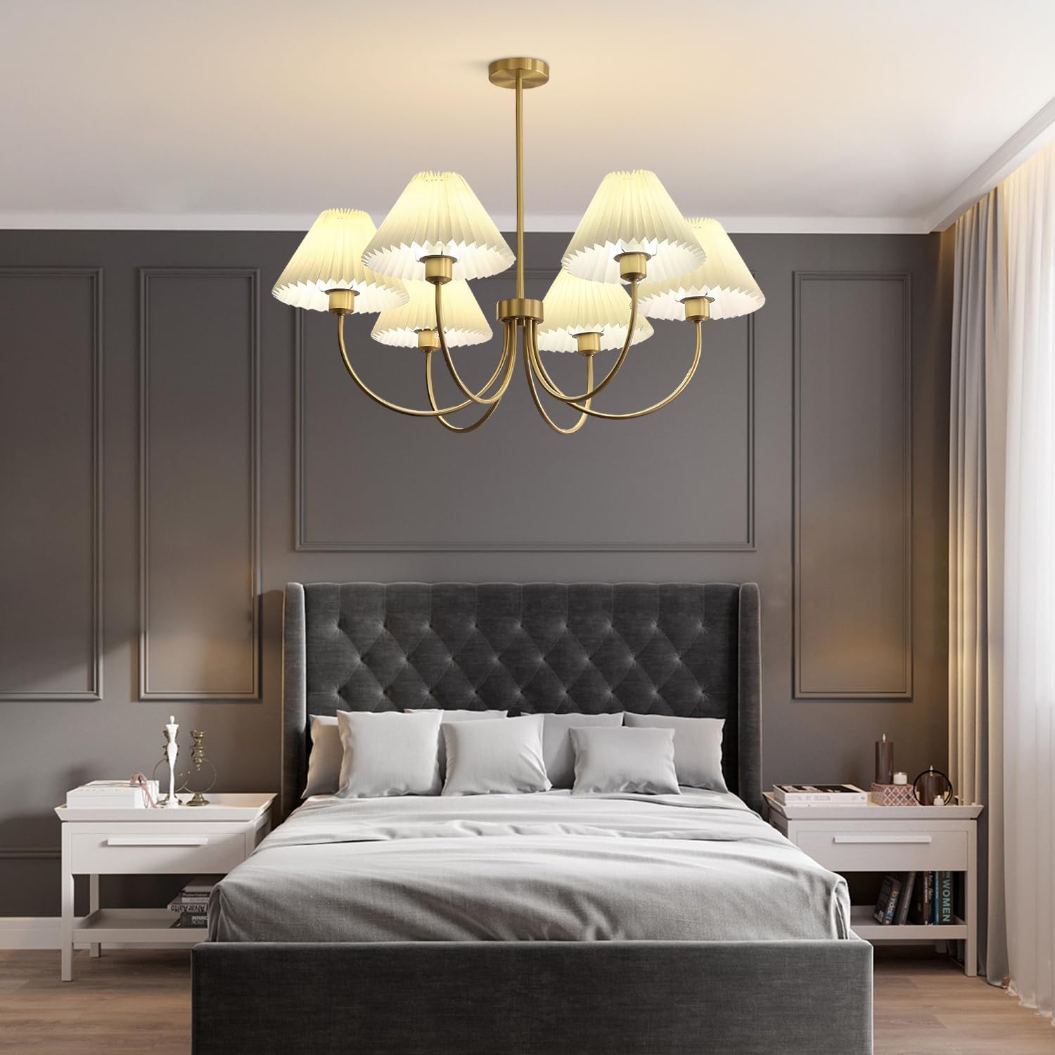 KCO Lighting Kronleuchter Gold 6-Flammig — Pendelleuchte mit Plissierten Stoffschirmen, E27, Höhenverstellbar für Esszimmer & Wohnzimmer