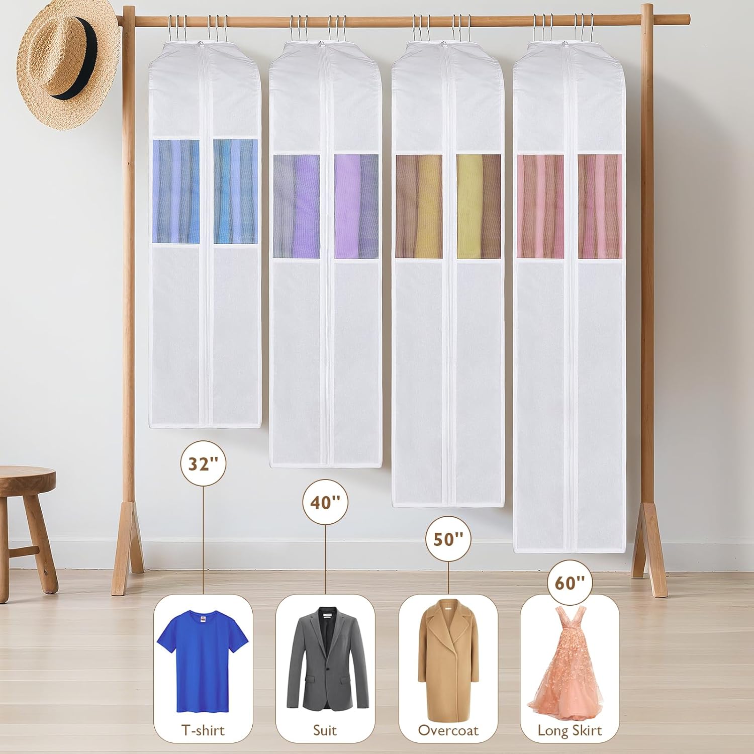Univivi Premium Cotton Garment Bags for Hanging Clothes and Storage, 40 Inch Washable Suit Cover Bag with Extra Large 10" Gusset & Clear Window - Perfect for Suits, Coats, Jackets - 2 Pack - Image 7