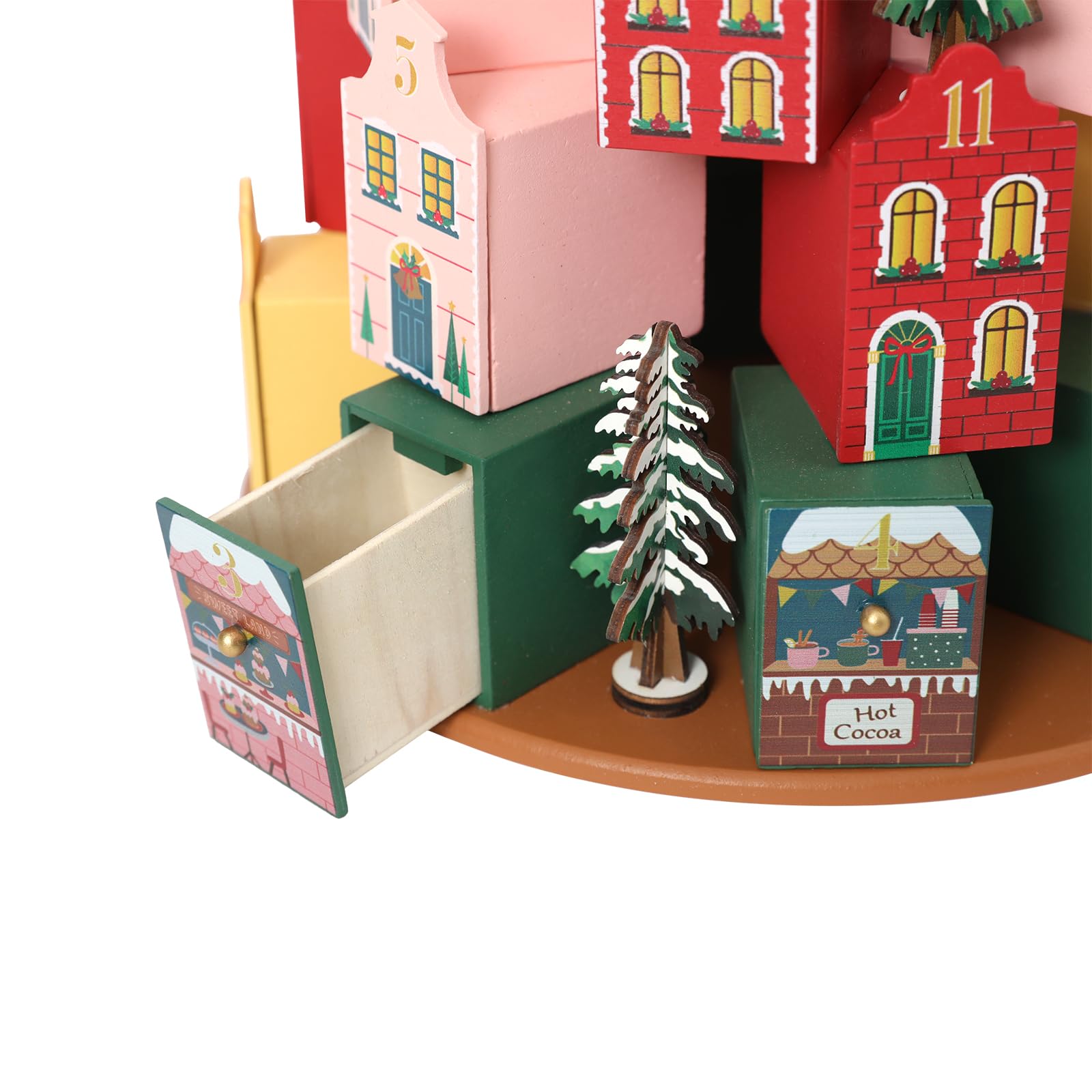 PE 3D Holz-Adventskalender als Weihnachtsdorf, 24 Schubladen zum Befüllen | Holz, 26,6 x 26,6 x 32 cm, 24 nummerierte Schubladen, Weihnachtsdorf-Dekoration, jährlich neu befüllbar