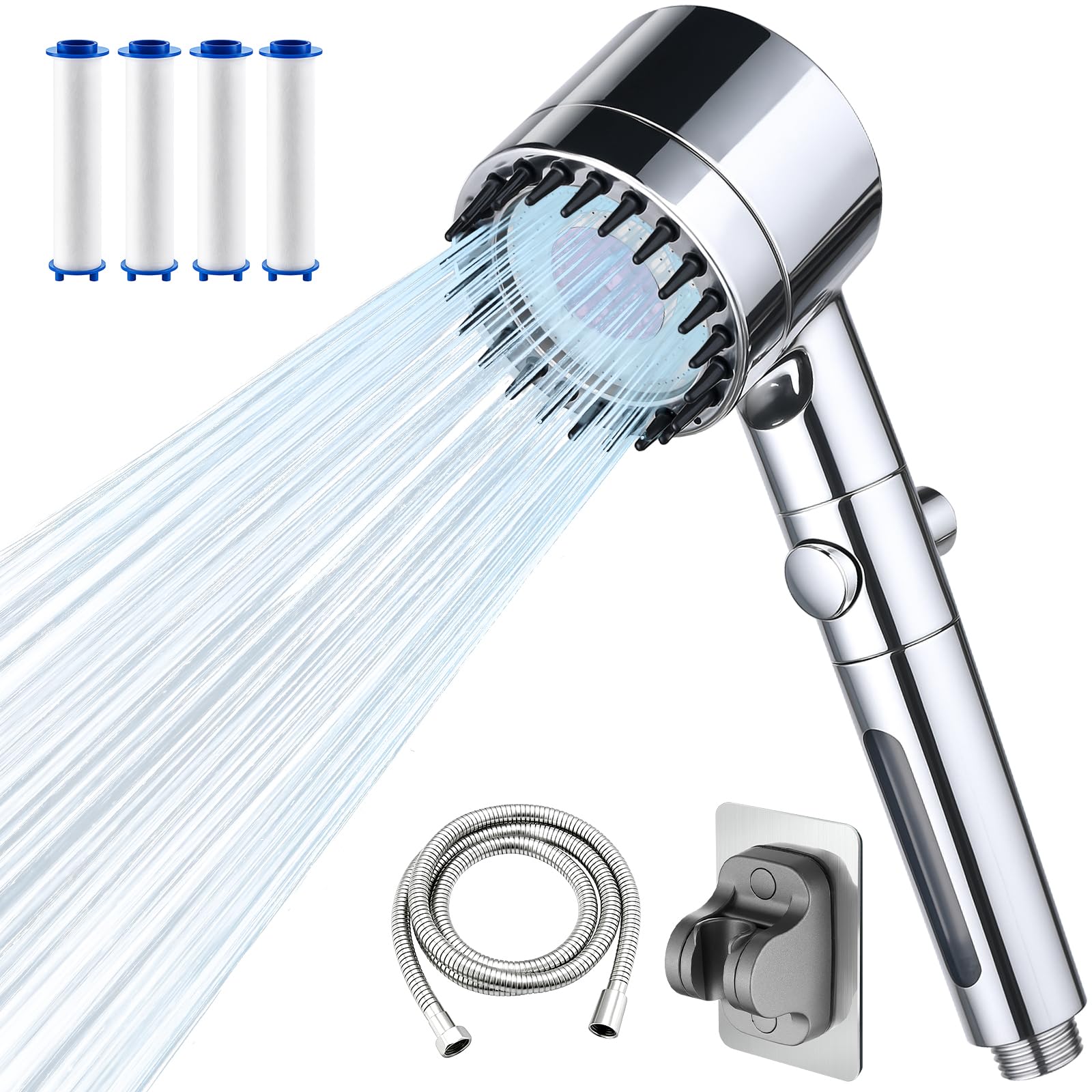 LENDOO Soffione Doccia Alta Pressione con Tubo 1.5M 4 Modalità Spruzzo Anticalcare Filtro Sostituibile Argento
