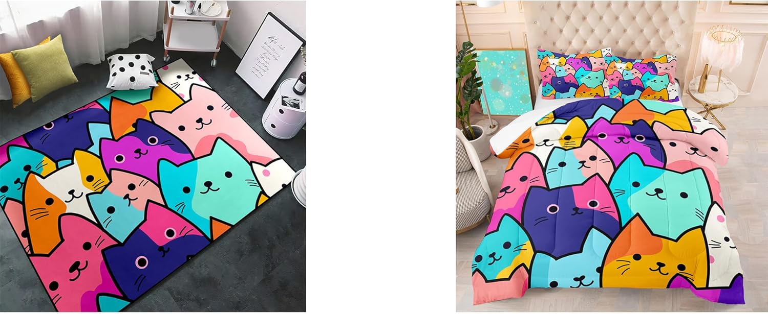 2.5x4 Feet Cat Rug for Girls Room & Cat Comforter Set Full