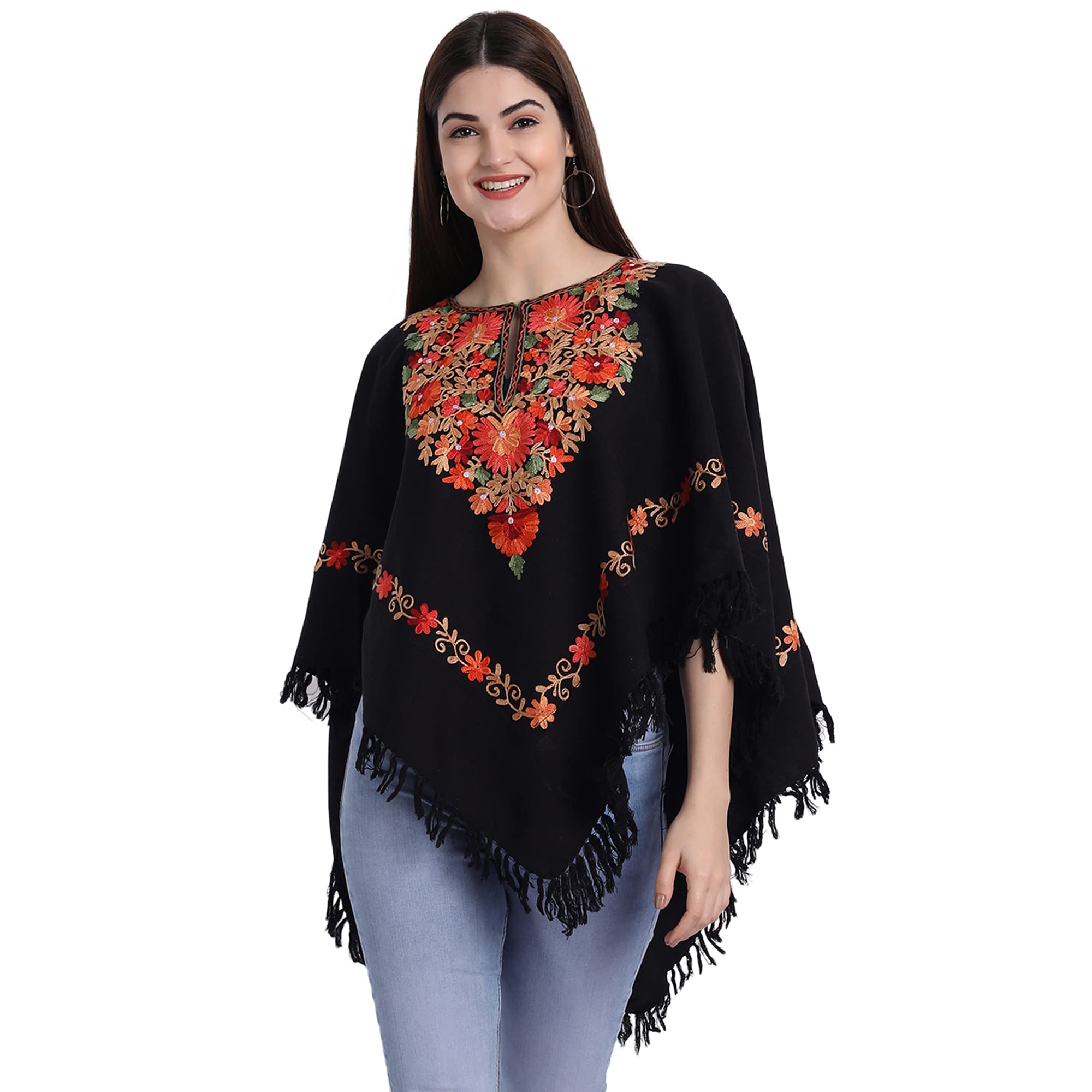 ZamourKashmiri Women's Wool Poncho Shrug Top Embroidery with Silk Lining