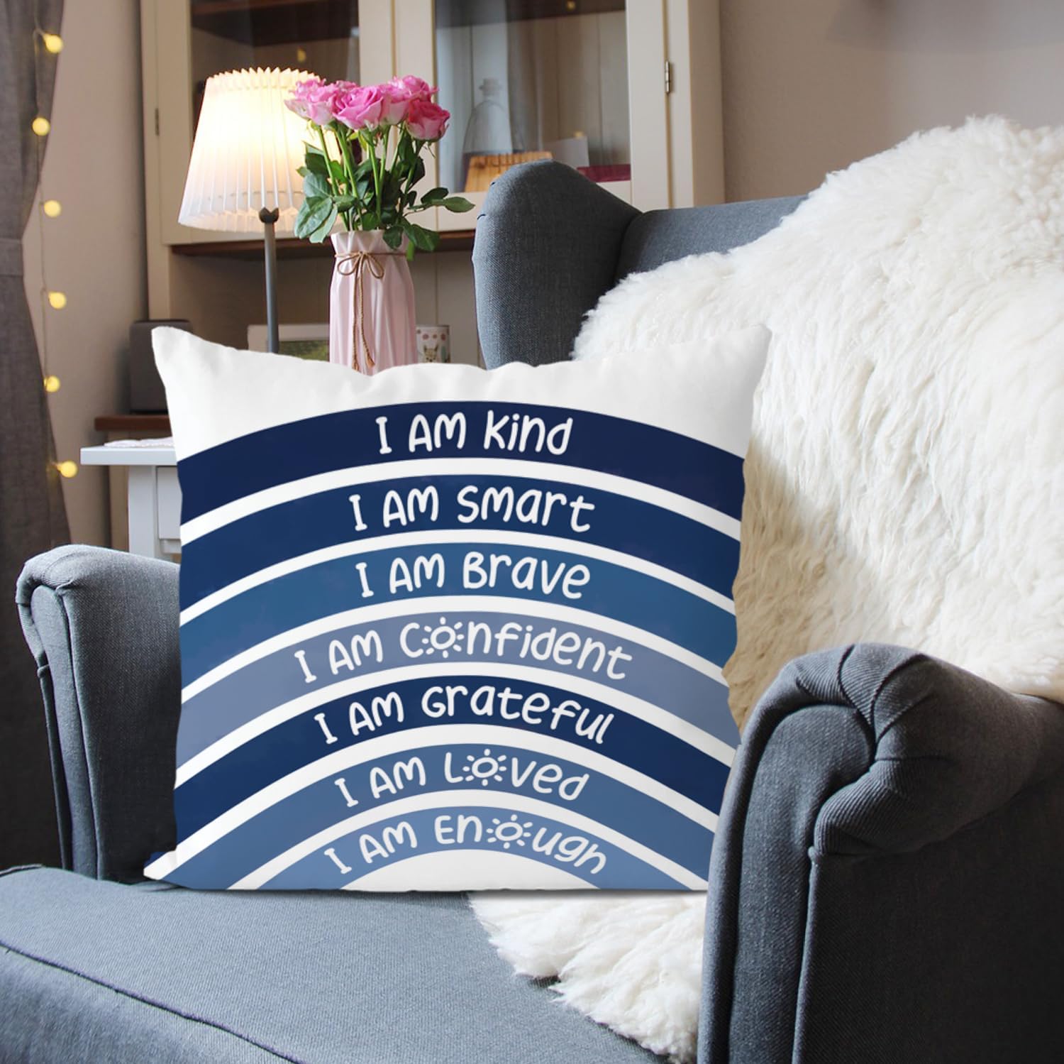 QIYUHOY Navy Boho Rainbow Classroom Throw Pillow Covers, 18x18 Inch image 3