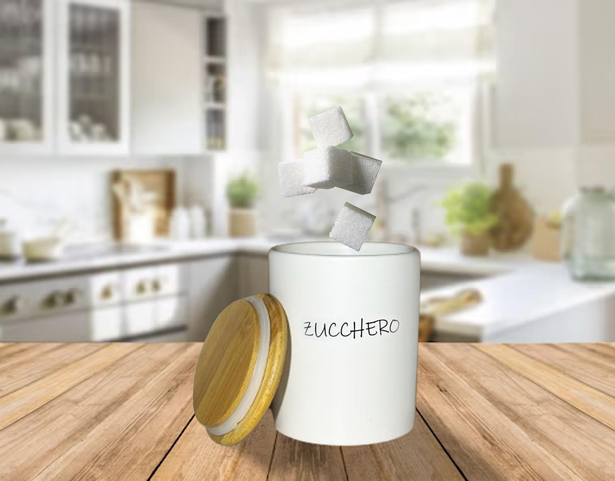 Set 3 Barattoli Ceramica Sale Zucchero Caffè con Tappo in Legno – Contenitori Cucina Ermetici Bianchi Stile Shabby – 10x13 cm