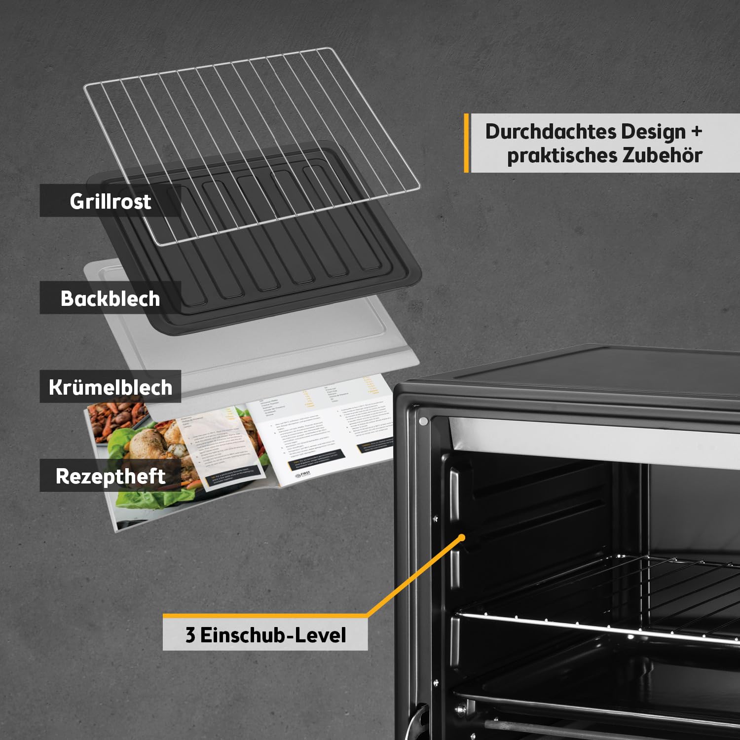 TZS First Austria - Minibackofen 35L 1600W - Mini Backofen Pizzaofen stufenlose Temperaturregelung bis 230°C & Antihaftbeschichtung - Miniofen 60 Min. Timer, 3 Einschubhöhen, Backblech & Grillrost