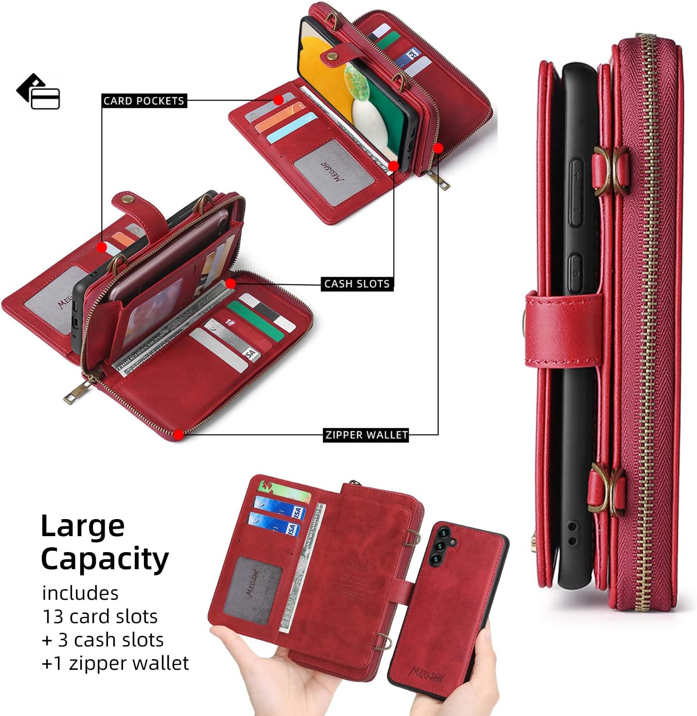 Compatible with Samsung Galaxy A13 5G Wallet Case Crossbody Shoulder Strap Stand Multi-Function 2in 1 Detachable Magnetic Cell Phone Cover for Gaxaly A04S M13 G5 A 13 2022 13A A135G SM A136U Red