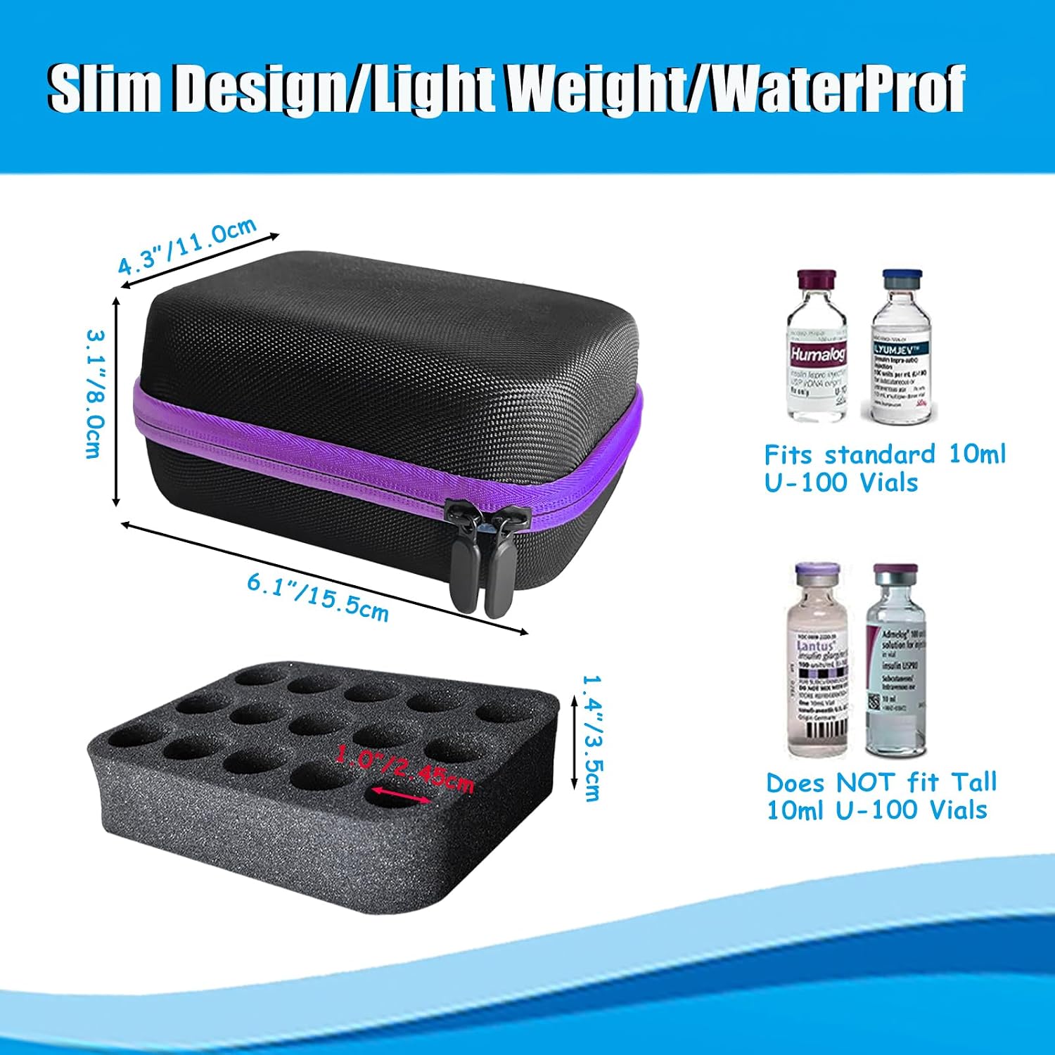 Insulin Vial Peptide Storage Case for Fridge with 15 Slots, 10ml Vials, Diabetic Cooler Injection Travel Protector Case, Vial Carrying Holder Organizer Handbag with Mesh Bag,Zipper (Purple) image 3