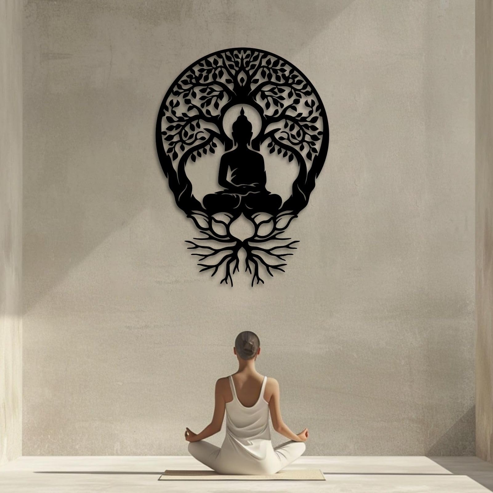 Árbol de la Vida, Arte de Metal 3D, decoración de Pared Grande con Buda, Arte de Buda, meditación para Sala de Estar, Dormitorio, Yoga, meditación al Aire Libre (Negro, 60 x 43 cm)