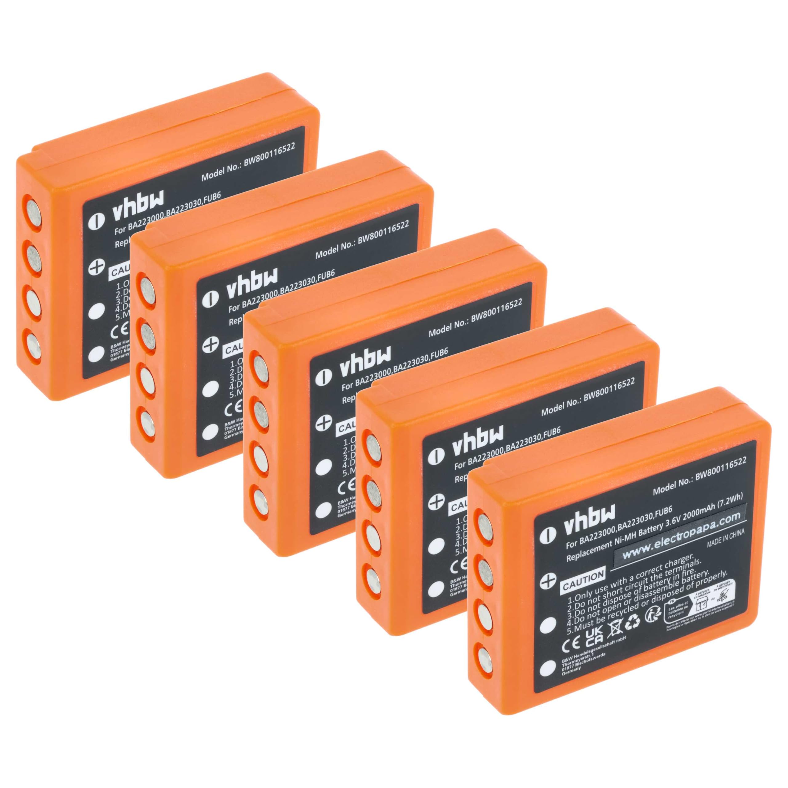 vhbw 5X batería reemplaza HBC FBFUB09N, BA223031, BA223001, BA223000, BA223030 para Mando a Distancia Industrial (2000 mAh, 3,6 V, NiMH)