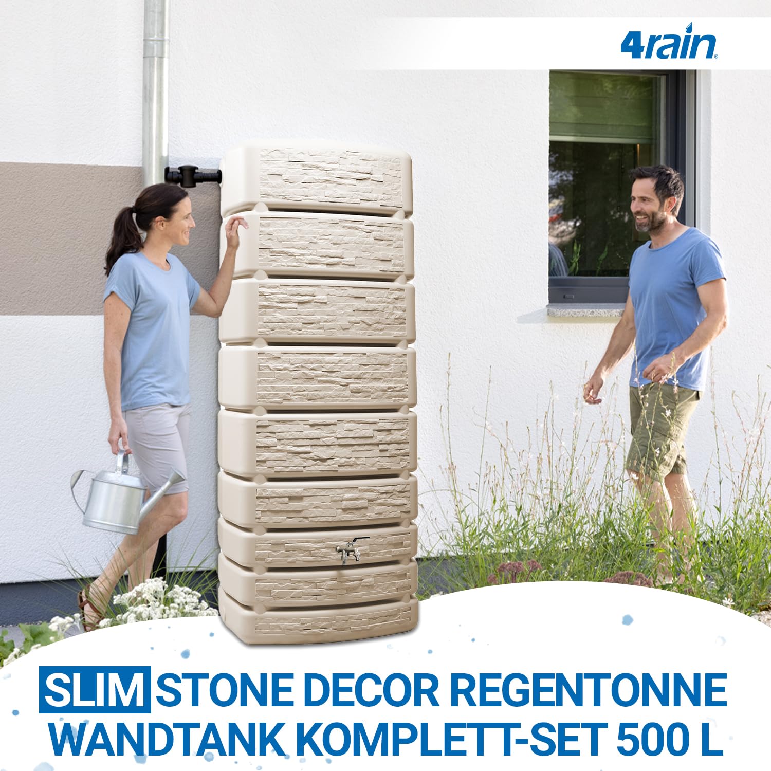 4rain Slim Stone Decor Regentonne Wandtank Komplett-Set 500 Liter | sandbeige inkl. Chrom-Doppelauslaufhahn und Fallrohranschluss