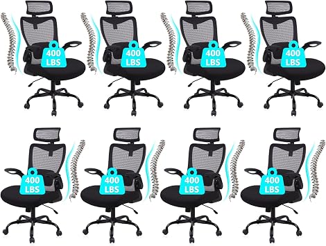 CLATINA Heavy Duty Ergonomic Mesh Office Chair 400LBS, Big and Tall Desk Chair with Adjustable Lumbar Support & Headrest, Flip Up Padded Arms, High Back Computer Chair for Home Office, Black, 8 Pack