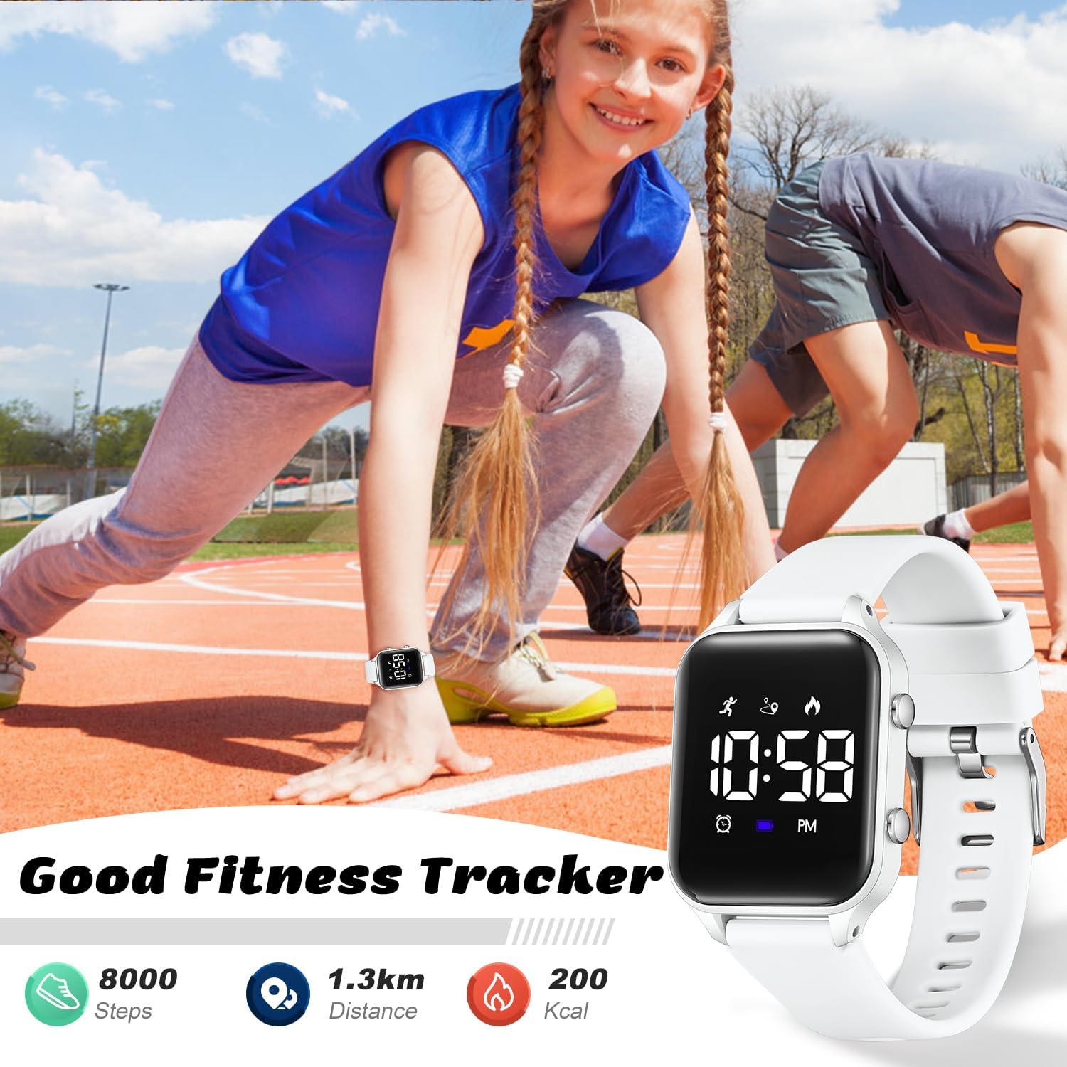 Kinder-Digitaluhr mit Schrittzähler, wasserdichte Sportuhren für Jungen Mädchen Teenager, All-in-One-Fitness-Tracker mit lautlosem Vibrationsalarm, Schrittzähler, Kalorien, Stoppuhr, keine App