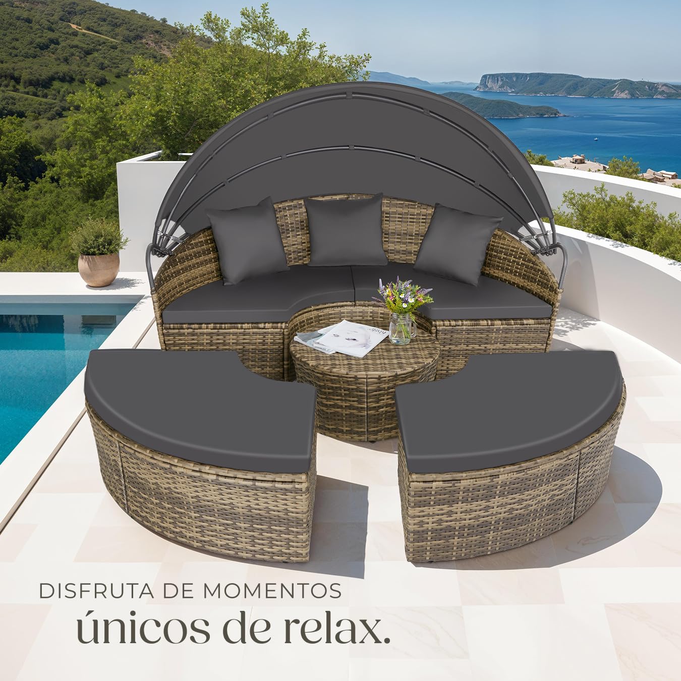 tectake® Isla de Ratán con Cojines, Conjunto Jardín con Toldo Corredizo Plegable, Muebles Jardín Exterior con Estructura en Acero y Resistente a Rayos UV, Conjunto Terraza Combinable - Beige