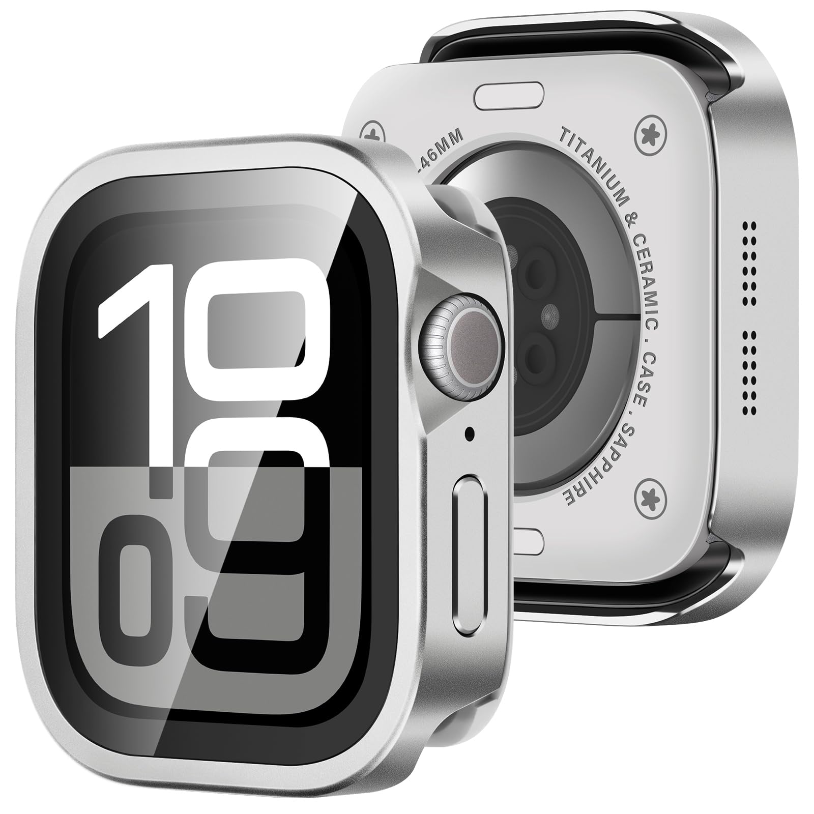 Amizee Metal Case Compatible with Apple Watch Series 11/10 46mm Case with Built-in Screen Protector, Straight Edge Ultra Thin with Back Cover Protective Cover for iWatch 46mm, Silver 46mm C-Silver