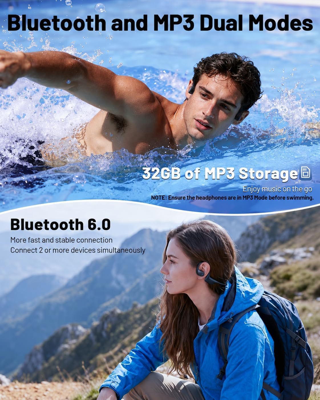 PSIER Bone Conduction Swimming Headphones with Dual Driver, IPX8 Waterproof Air Conduction Open Ear Buds MP3 Mode 32GB Memory 8H Playtime Bluetooth 6.0 Earbuds Deep Bass for Sports