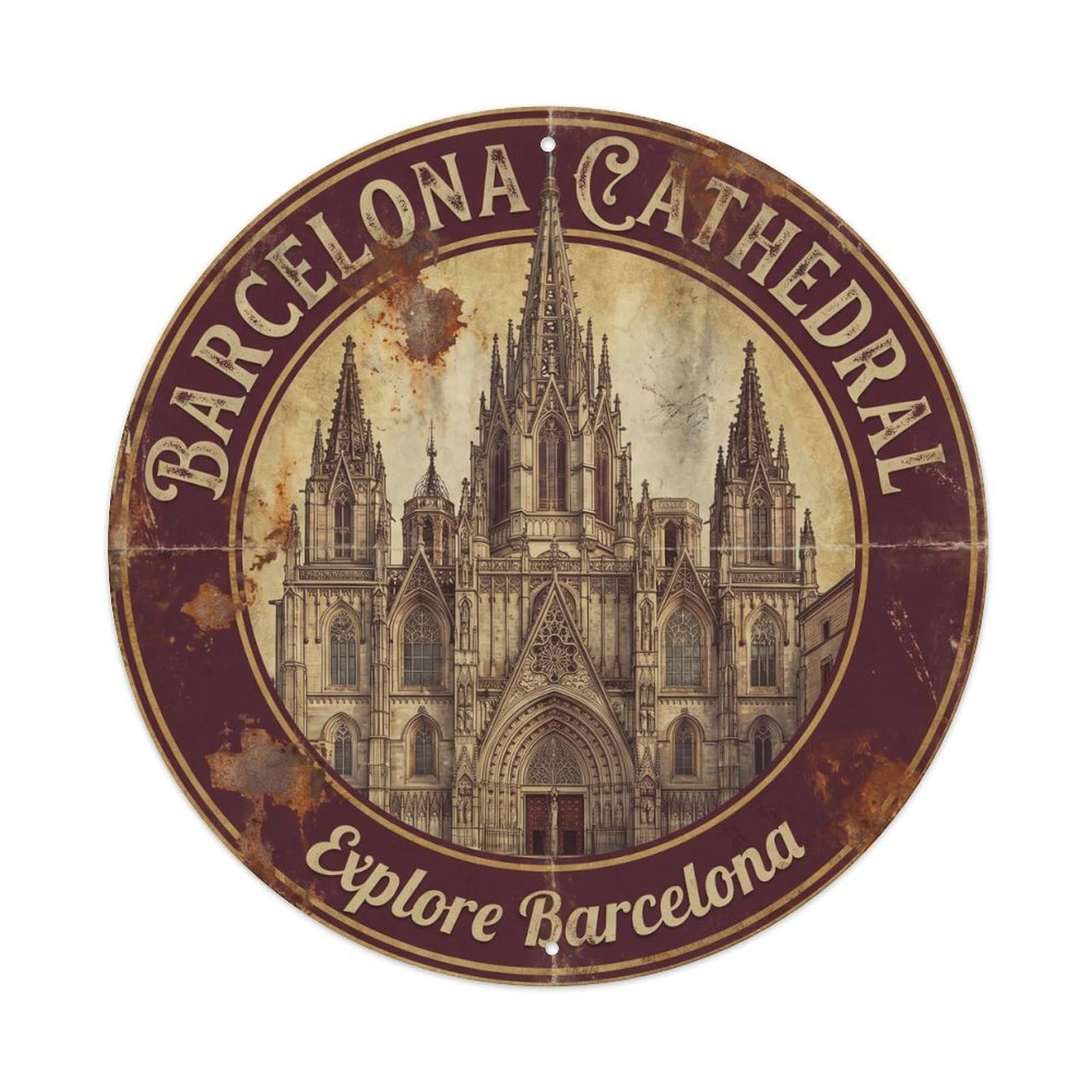 Vintage Travel Barcelona Cathedral Catalan Landmark Metal Tin Sign Plaque Wall Decor for Cafe, Club, Garden Round Metal Poster 8x8Inch