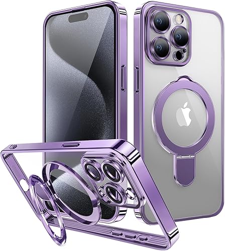 MANLENO Magsafe - Funda para iPhone 15 Pro Max con soporte magnético invisible chapado de 10 pies, a prueba de golpes, de goma suave, transparente,