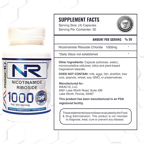 Miniatura 2 de MAAC10 Nicotinamida Riboside 1000mg porción (120 cápsulas 4 por porción - Probado por terceros)  Suplemento NR NAD+ - Alternativa a NMN - Funciona