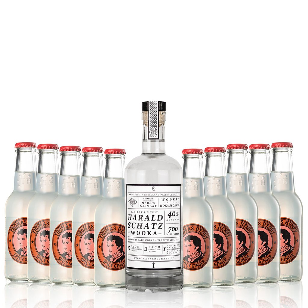 Moscow Mule Set im Paket | Alles was man für einen richtigen Moscow-Mule benötigt | (10 x 0,2l) Thomas Henry Ginger Beer und (1 x 0,7l) feinster Vodka aus Deutschland