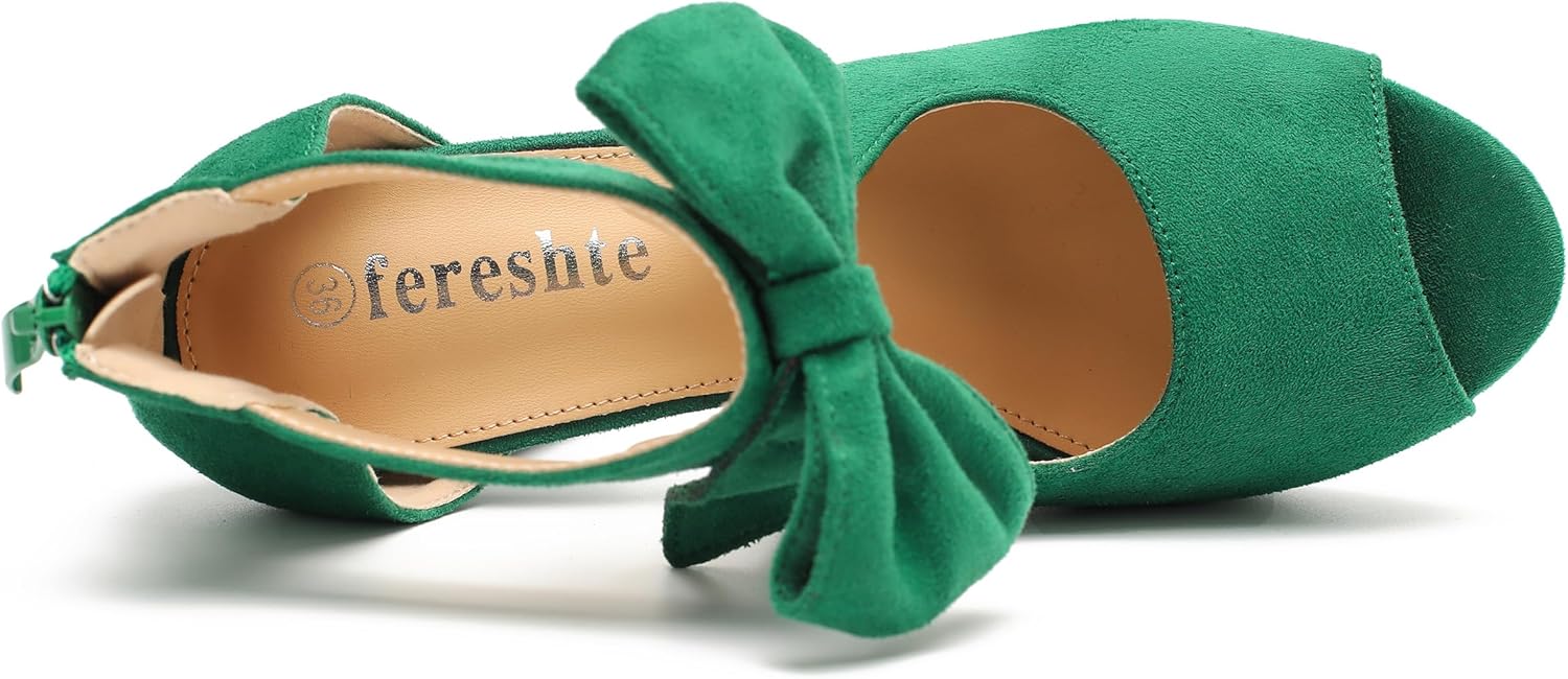 fereshte Women's Bow Chunky Heel Sandals, Platform High Heel, Peep Toe, 3.94 Inch Block Heel - Image 6