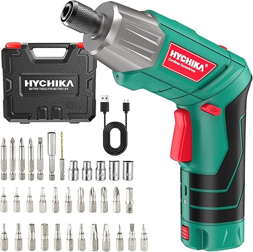 HYCHIKA - Destornillador eléctrico, 4 V, 2.0 Ah, juego de pistola de tornillo recargable y juego de brocas, LED frontal y linterna trasera, llave de