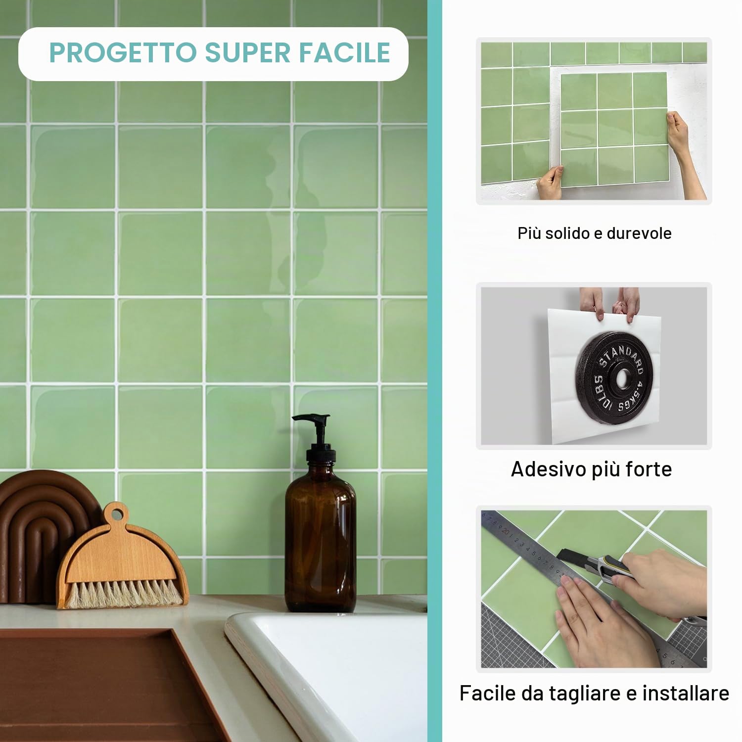 Commomy Più Spessi Paraschizzi Cucina Adesivo, Verde Salvia Piastrelle Mattonelle Adesive Bagno Vinile 3D Metro, Adesivi per Piastrelle Impermeabili(10 pezzi, 30,5 x 30,5 cm)