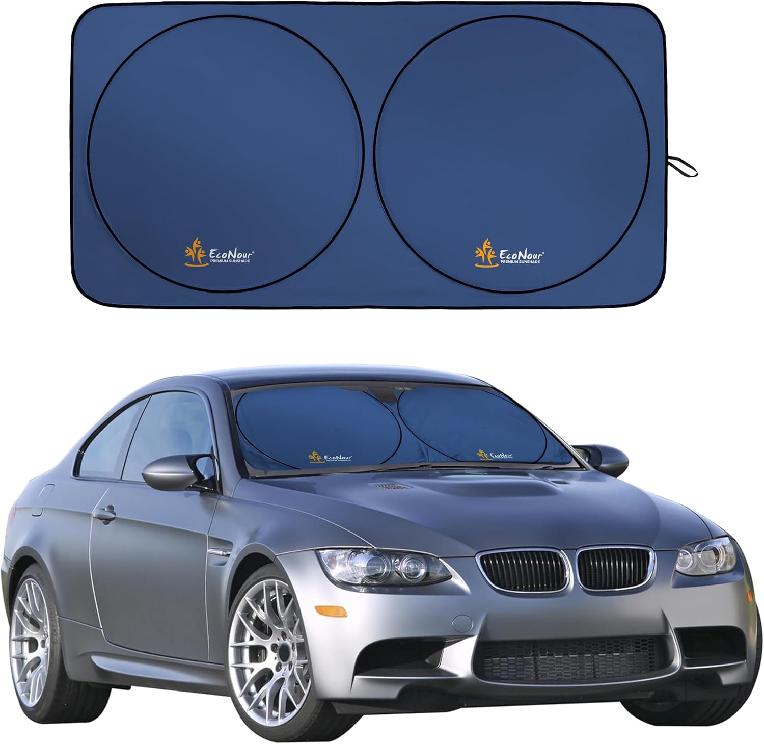 Econour Car Windshield Sun Shade | Premium Reflective Sunshade with 300T Polyester for UV & Heat Glare | Car Interior Accessories for Sedans, Mini SUVs & Hatchbacks | Medium (64" x 32")