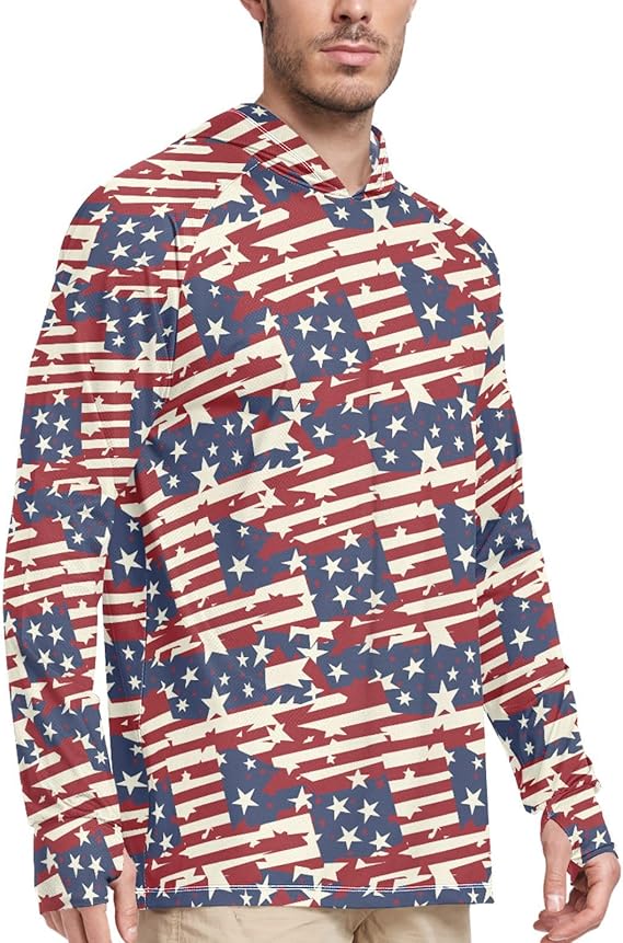 American Flag Style Mens Sun Protection Hoodie Long Sleeve Mens Sun