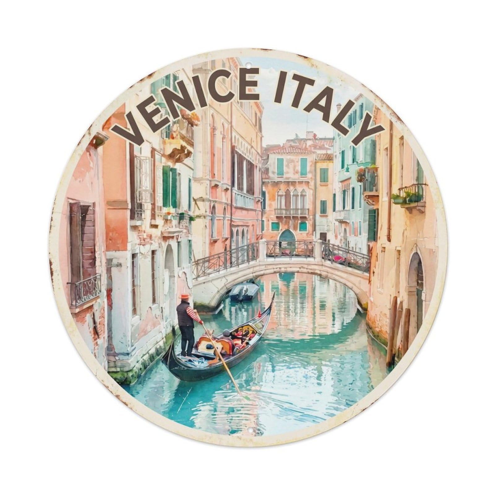 European Venice Waterway Travel Gondola Lagoon Scenic Metal Tin Sign Plaque Wall Decor for Cafe, Man Cave, Club Bar, Office, Home Garden Round Metal Poster 8x8Inch