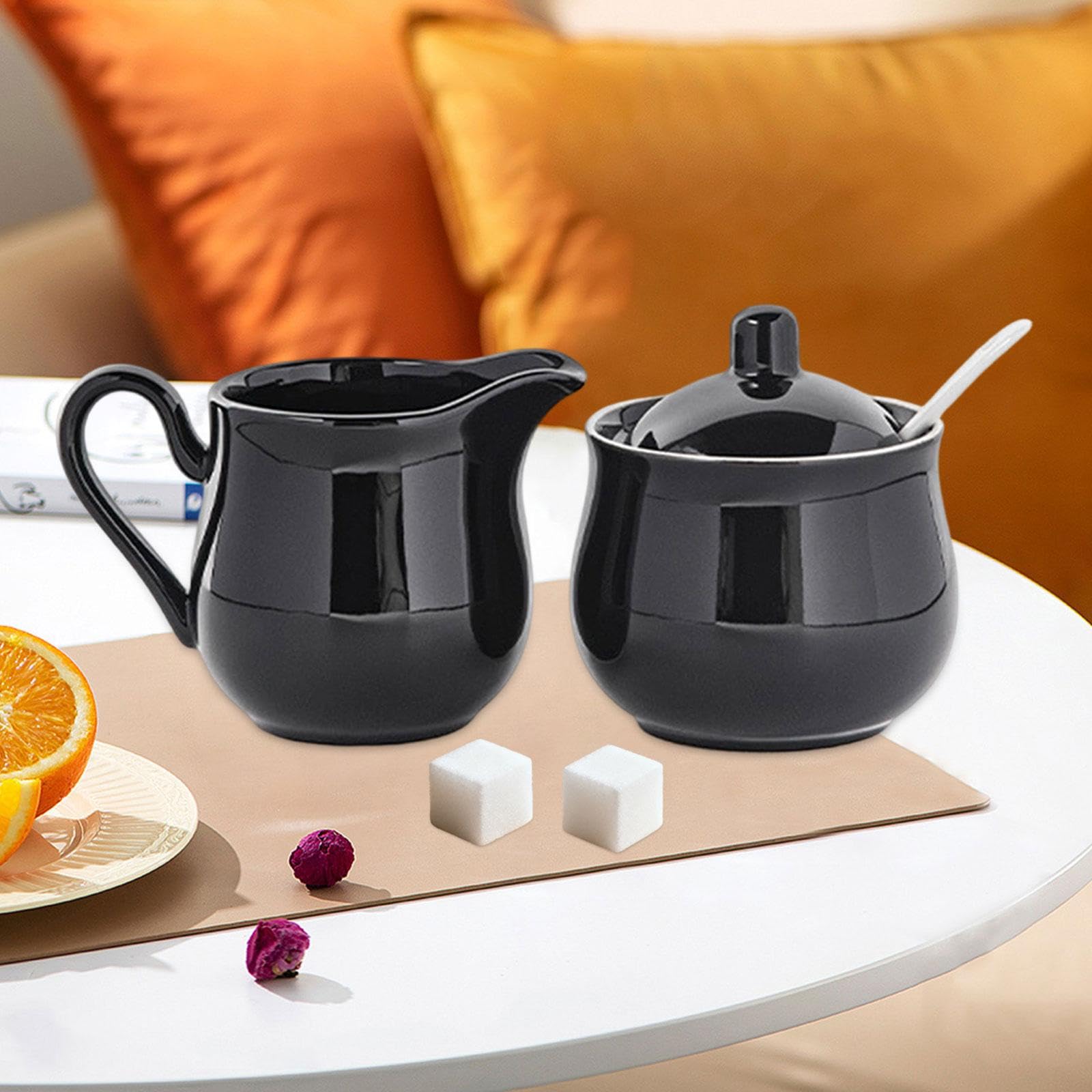 Milageto Set di zuccheriera e lattiera in ceramica, set da caffè, durevole, decorativo, pratico, regalo di, contenitore per zucchero e lattiera, Nero