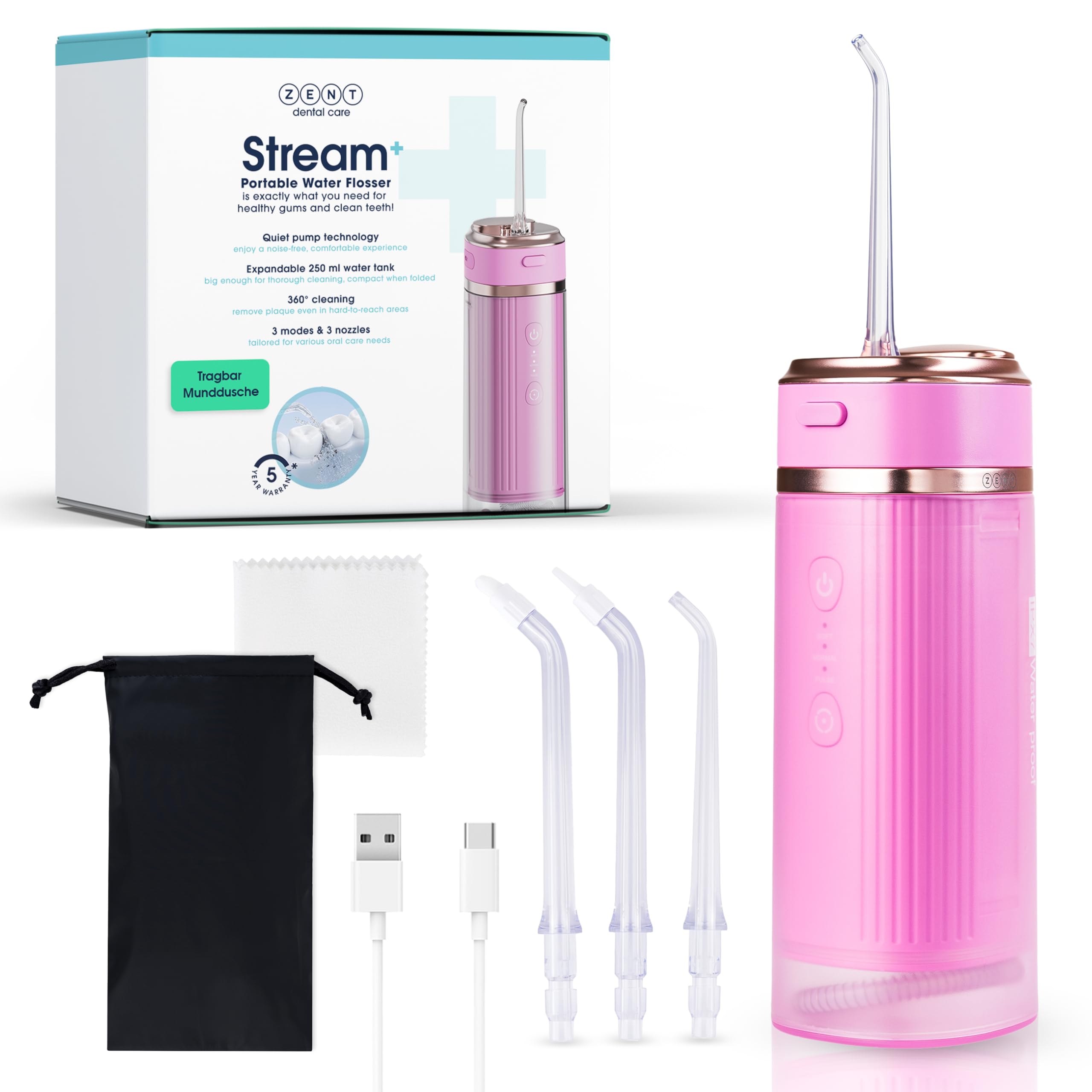ZENT Munddusche kabellos Water Flosser mit 3 Aufsätzen Rosa | Die Munddusche bietet 360°-Rotationstechnologie, einstellbaren Wasserdruck, IPX7 Schutz und Zahnsteinentferner