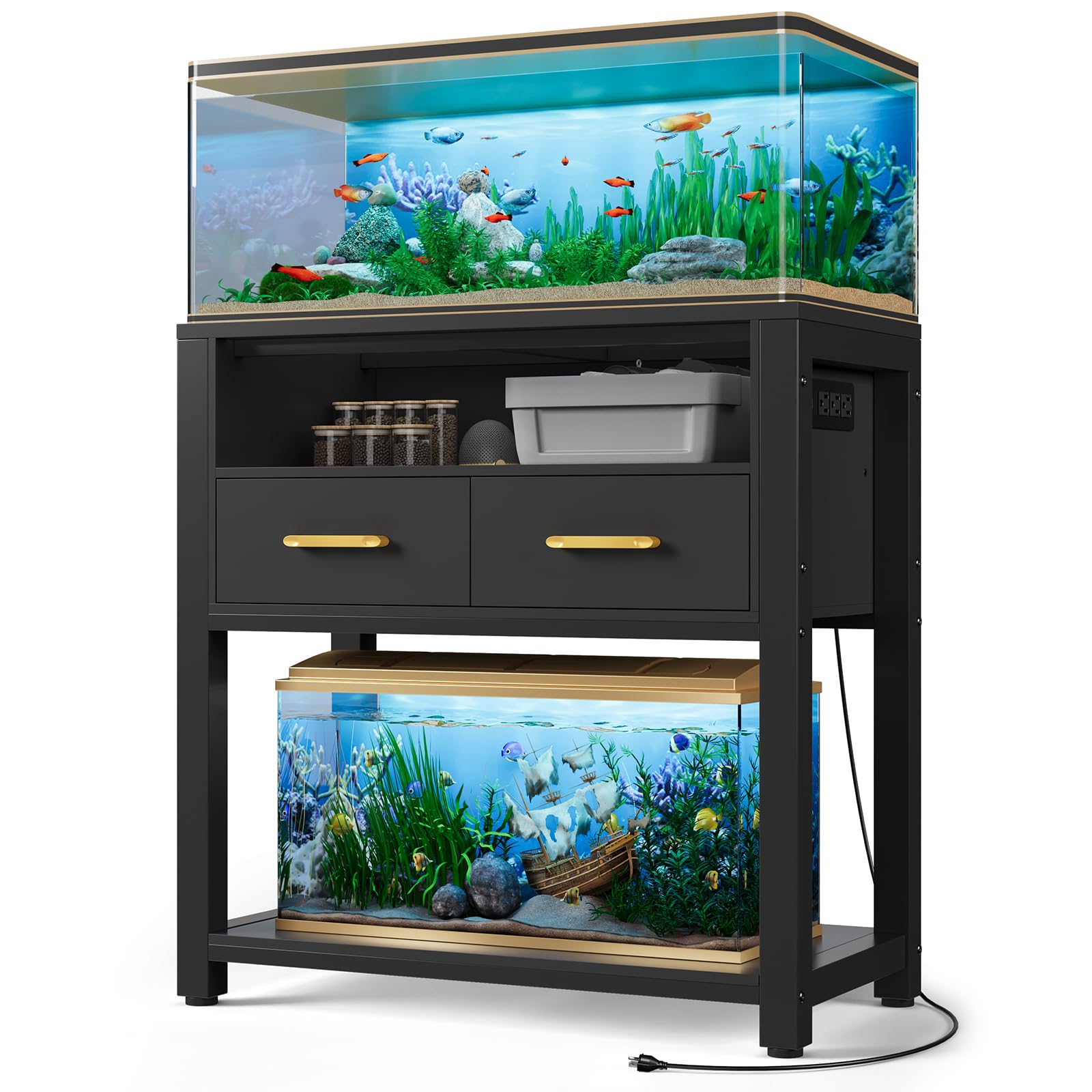 EOSVALO Soporte de acuario con marco de metal estable, soporte resistente para peceras con alfombrilla impermeable, gabinete de almacenamiento de capacidad de 250 KG, adecuado (Negro)