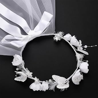 Girls First Communion Veil White Floral Crown with Pearls Headpiece for Communion Day