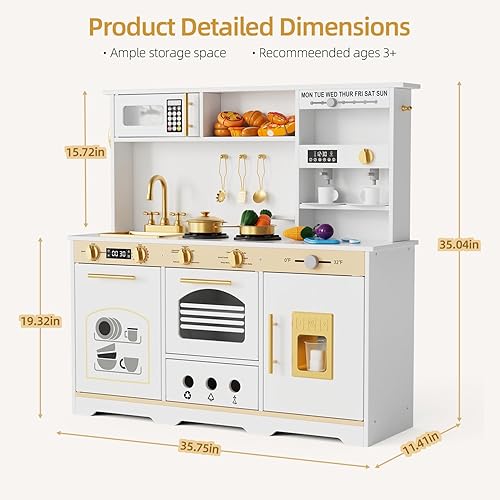 Miniatura 3 de Juego de cocina de madera para niños pequeños, juego de cocina para niños con luces y sonidos realistas, cocina de juguete grande de 35.8 pulgadas