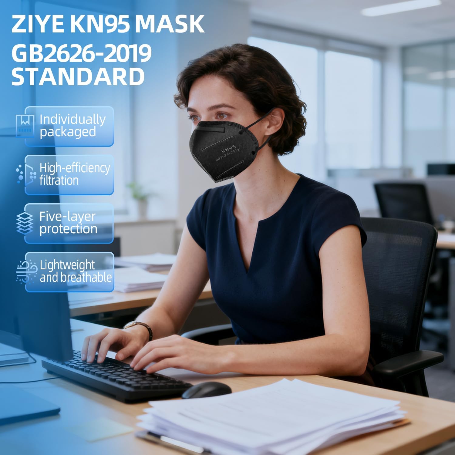 ZIYE 50-Pack Multicolor KN95 Face Masks - 5-Ply Cup Dust Protective Masks with Elastic Ear Loops, Breathable for Daily Use