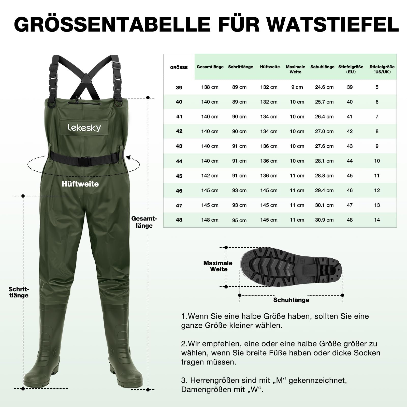 Lekesky Wathosen mit Stiefeln für Damen und Herren, wasserdichte 2-lagige Nylon/PVC-Wathosen – für den Einsatz im Wasser, zum Angeln, Jagen und Arbeiten im Schlamm