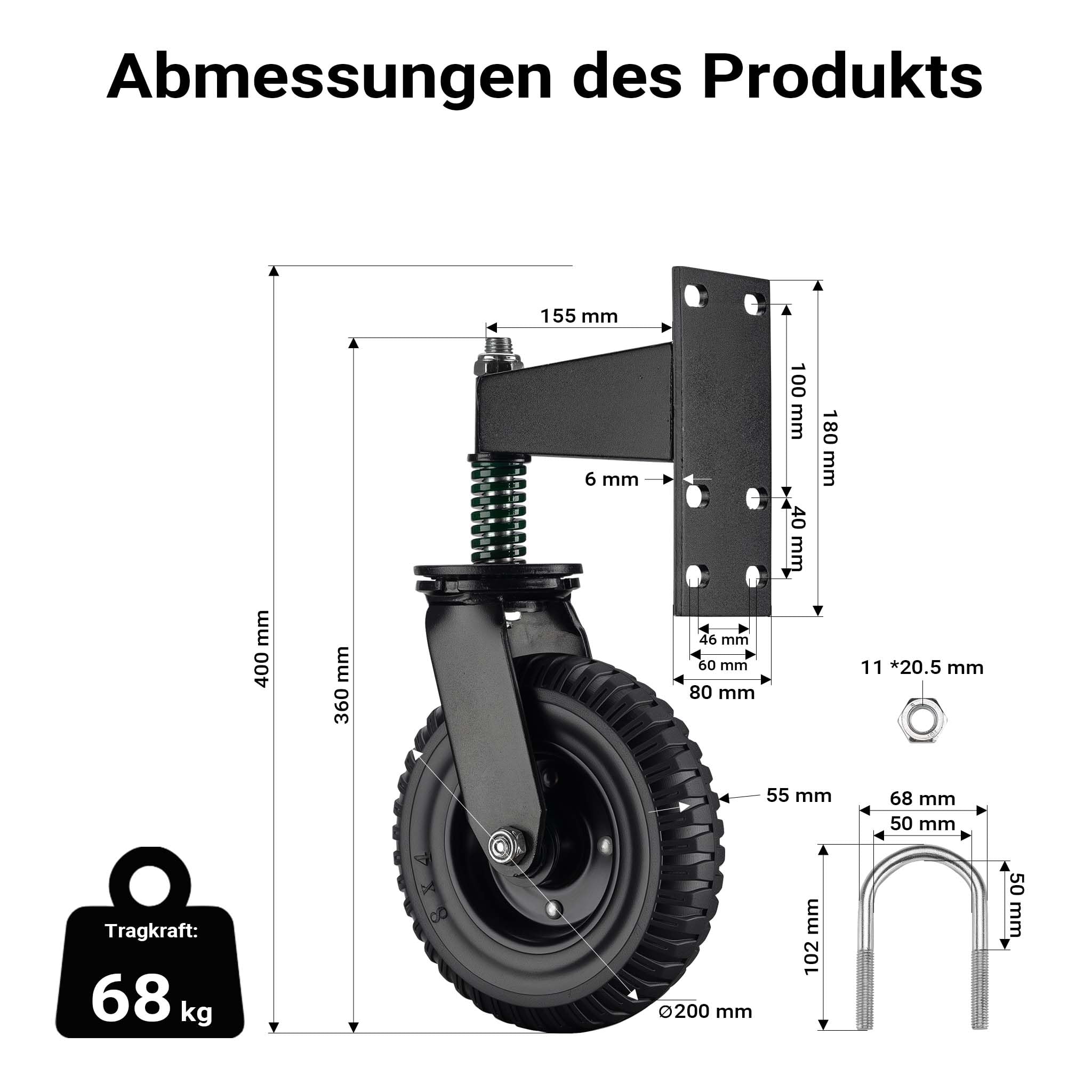 Wiltec Torrolle bis 275 kg Traglast, Torlaufrolle mit 360° Gummirad, Schiebetorrolle aus pulverbeschichtetem Stahl, Lenkrolle für Schiebetor und Gartentor