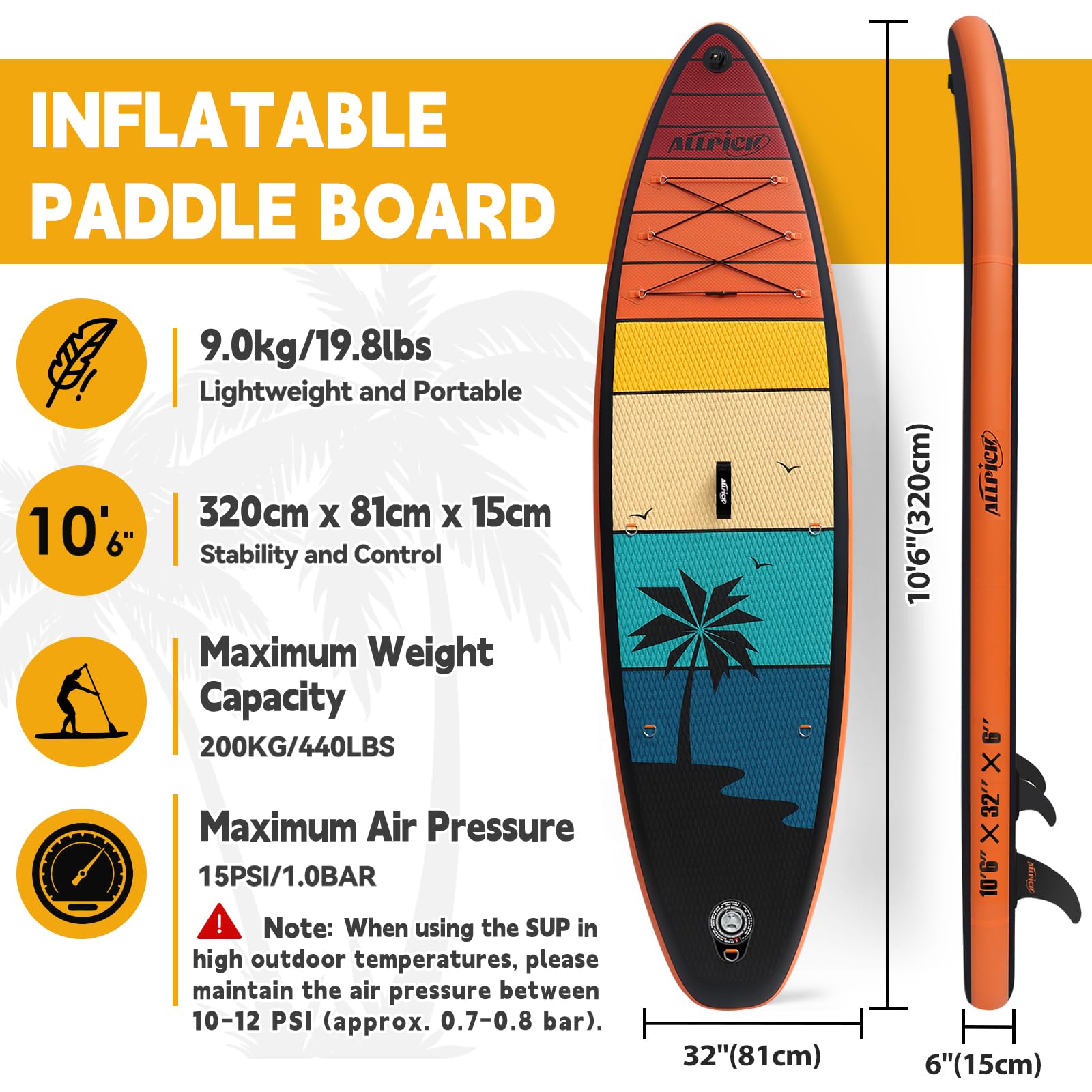 ALLPICK Sup Gonfiabile, Stand Up Paddle Board Gonfiabile, Con Supporto Universale per Fotocamera, Accessori Completi, Tavola da Sup Surf, Principianti e Avanzati, 200kg