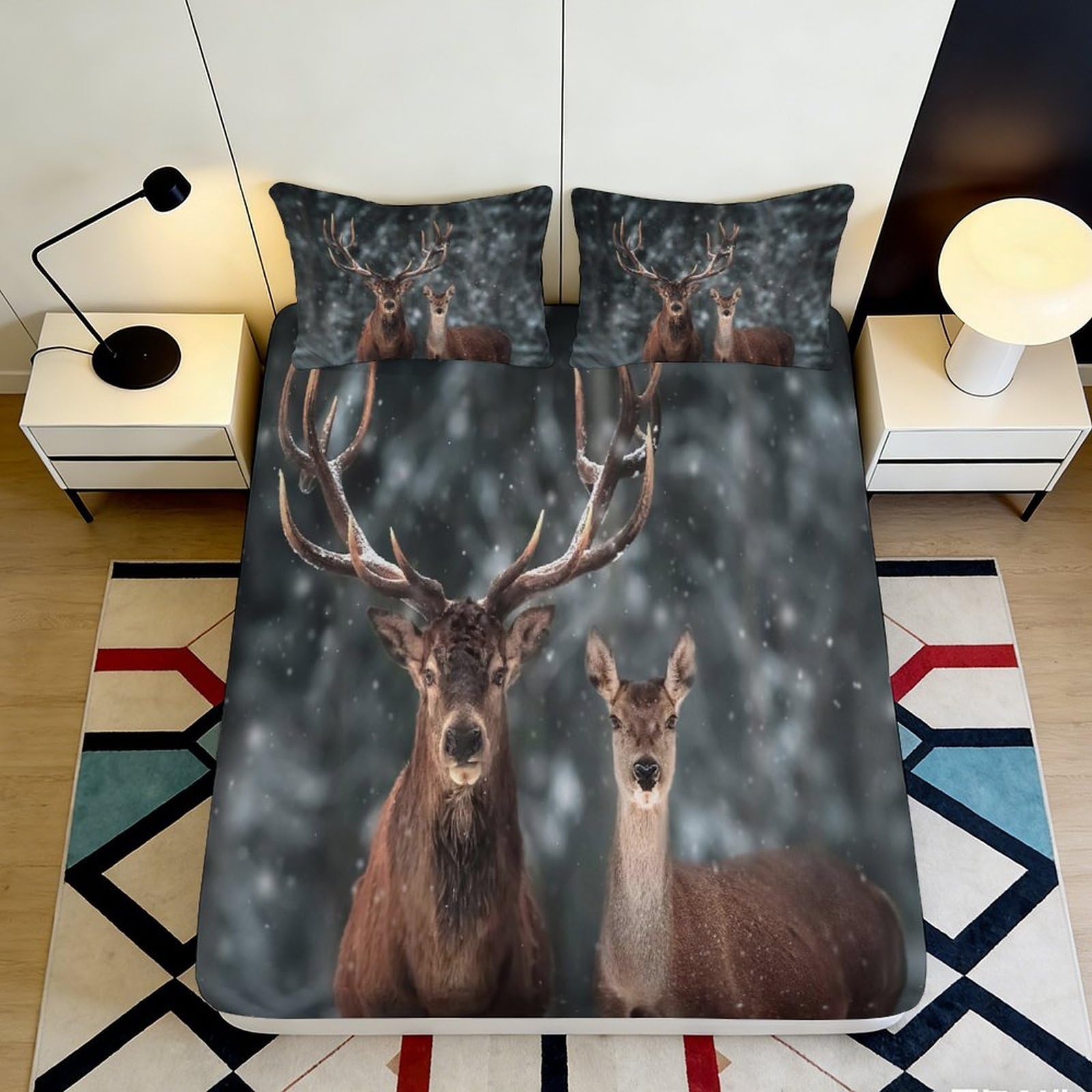 3D Printed Forest Deer Fitted Sheet Microfiber Soft Decor Woodland Stag Bed Cover for Bedroom Guest Room Protection 90x200x25cm