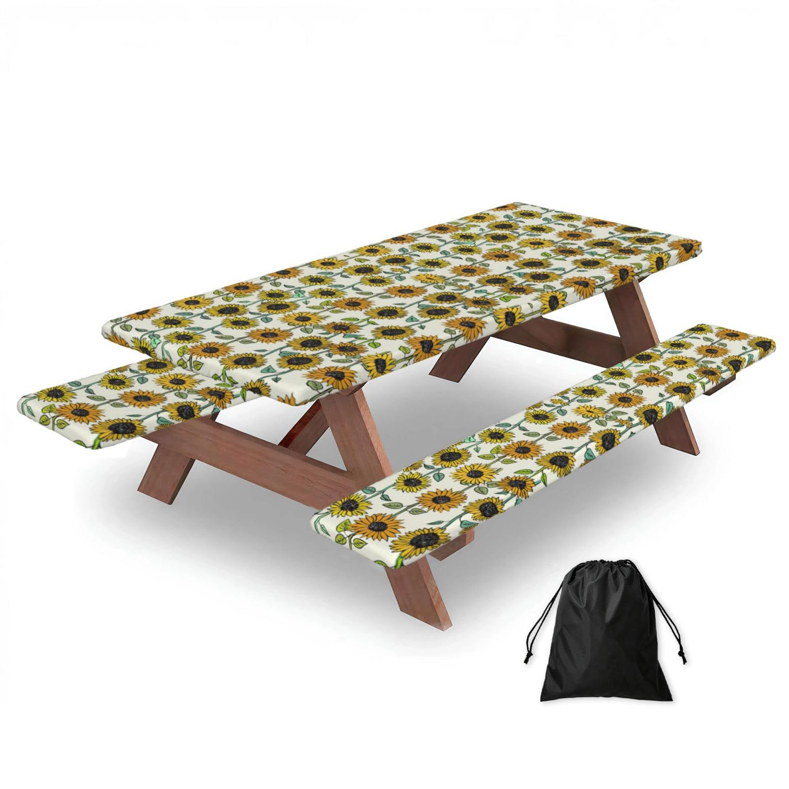 Zyjhyy Black Romantic Sunflowers Print Party Table Covers With Bench Covers Set Of 3 Picnic Table Cloth Wipe Clean For Garden Camping