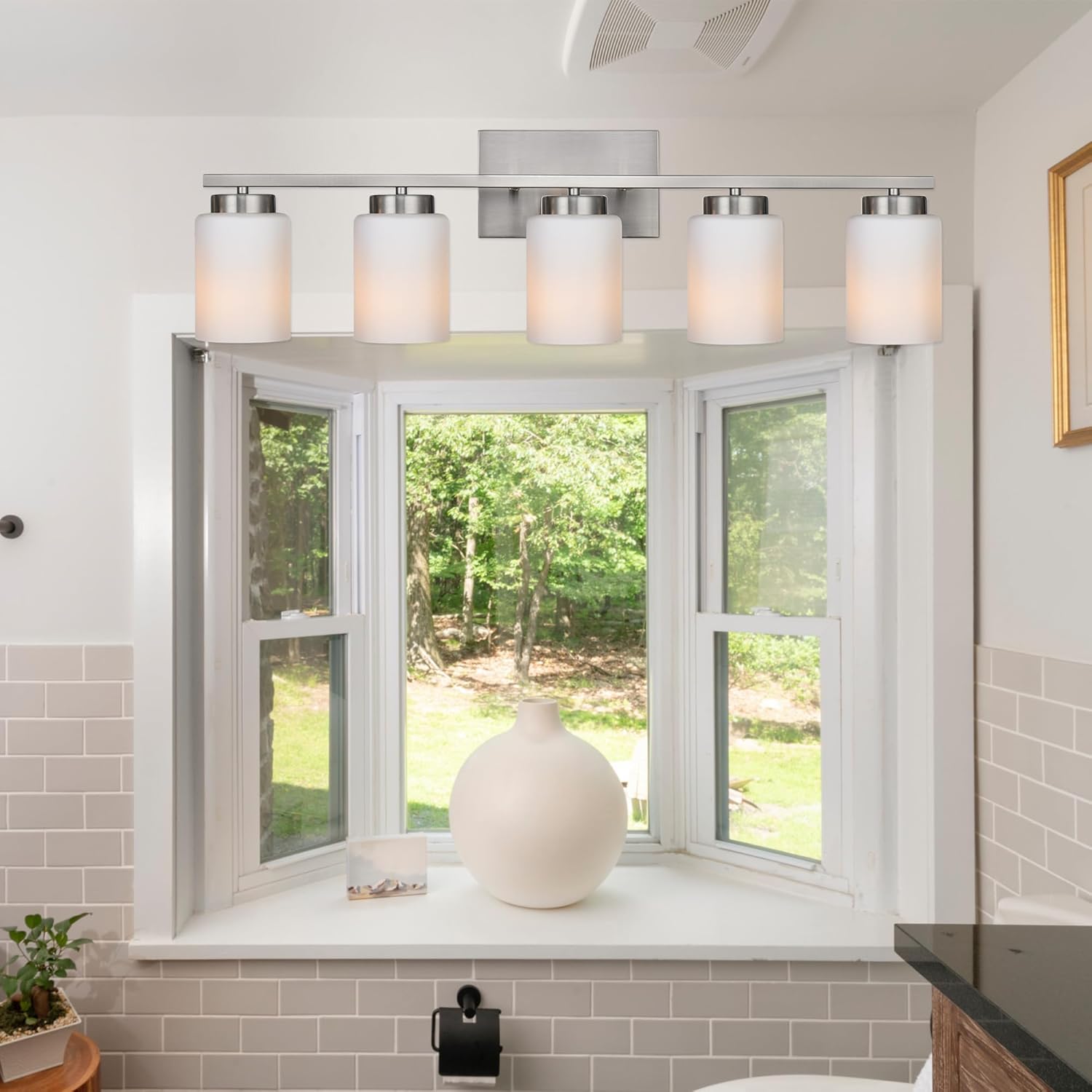 VINLUZ Brushed Nickel 5 Light Bathroom Light Fixtures Metal Base Wall Mount Lighting with Milky White Frosted Glass Shade Bath Wall Sconces for Mirror,Hallway,Bedroom