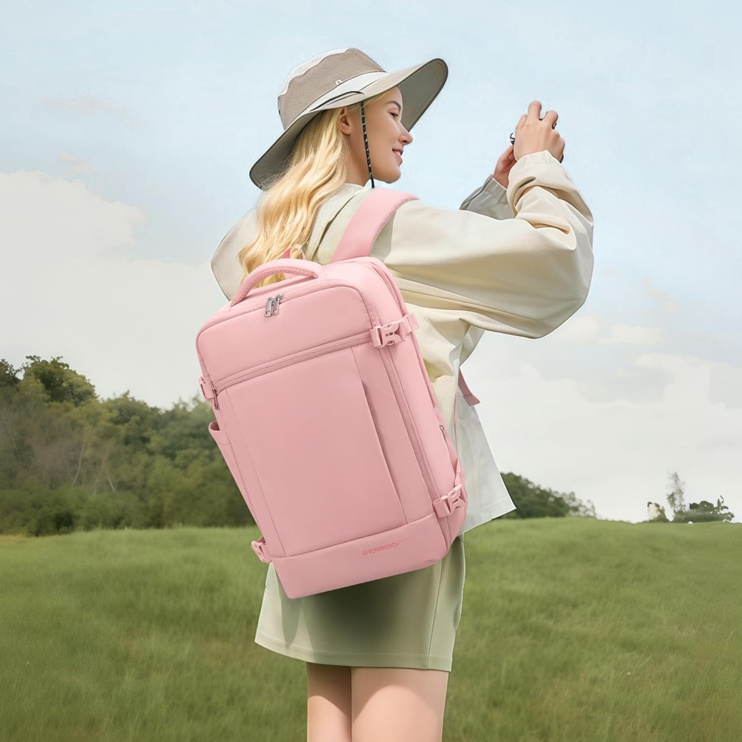 SHOWKOO Laptop Backpack for 17 Inch Laptop, 40L Expandable Large Capacity Backpack, TSA Carry On Travel Backpack with Padded Laptop Compartment, Water-Resistant College & Commuter Bag, Pink