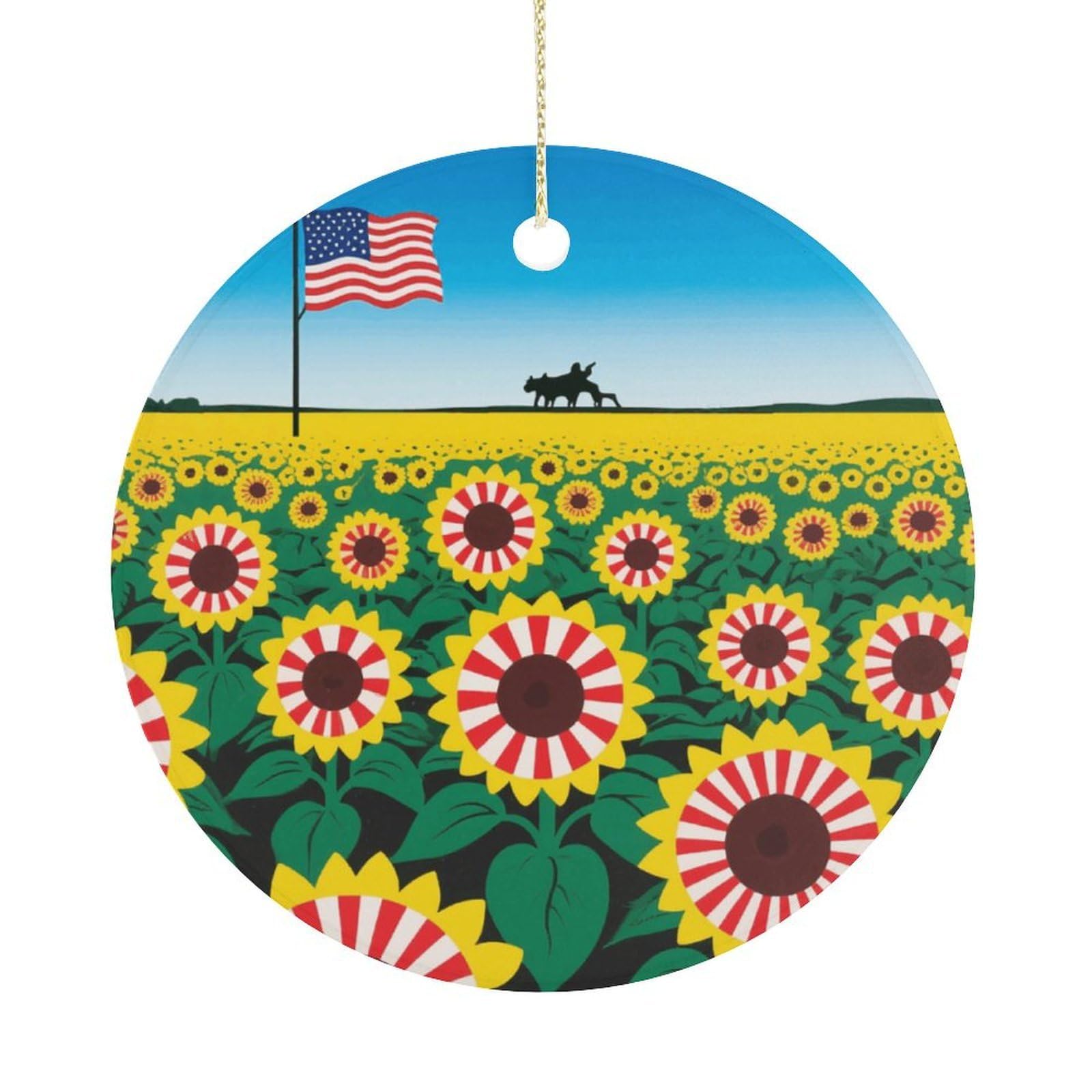 Personalized Christmas Ornaments 2025 Ceramic Hanging Sunflower US-Flag Stripes Ornaments with Gold String Double-Sided Vintage Holiday Decorations for Tree Mantel Tabletop Xmas Party Favors