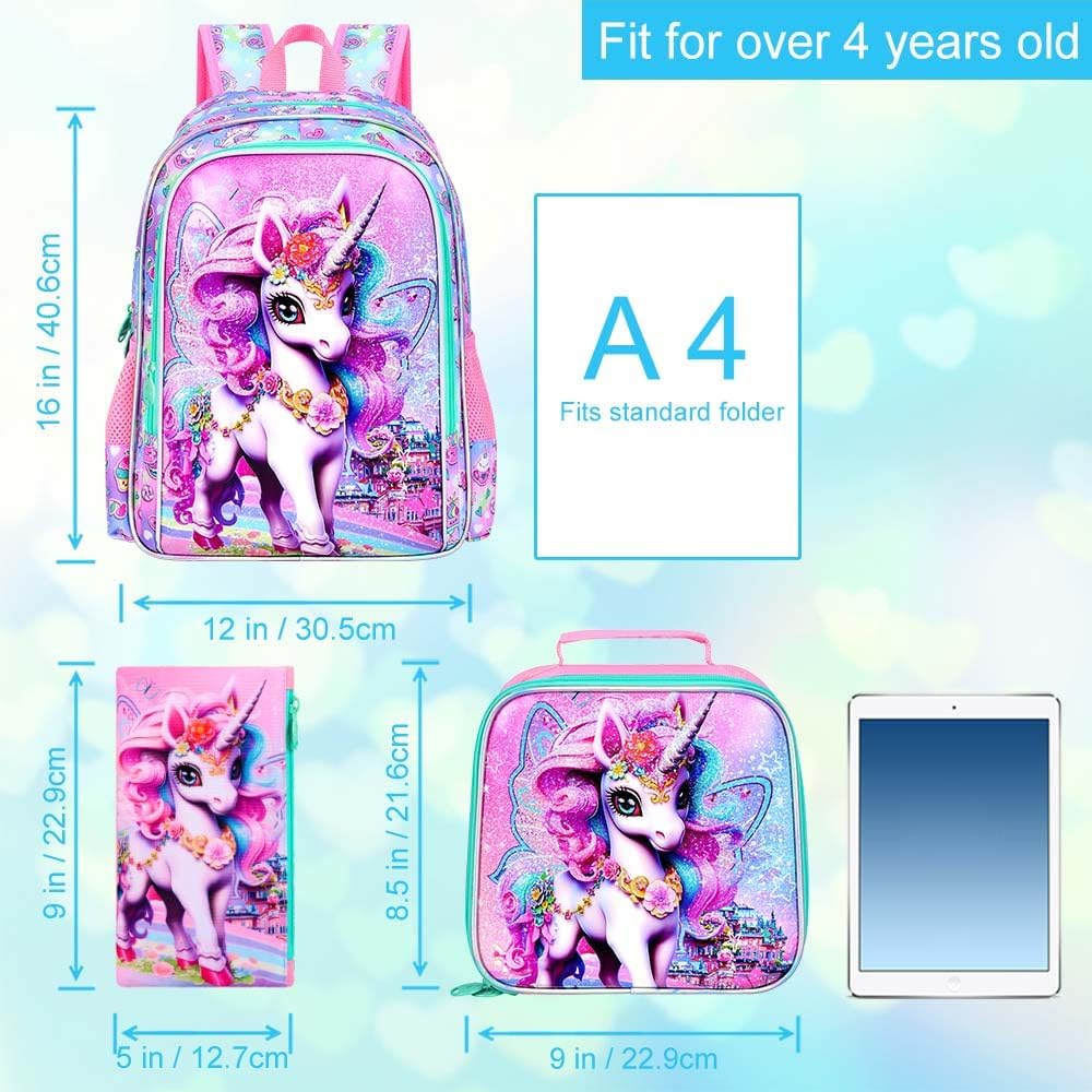 16" Unicorn Backpack, 3Pcs School Bookbag for Girls with Lunch Box, Kids Backpacks for Elementary Preschool Kindergarten(Pink) - Image 4