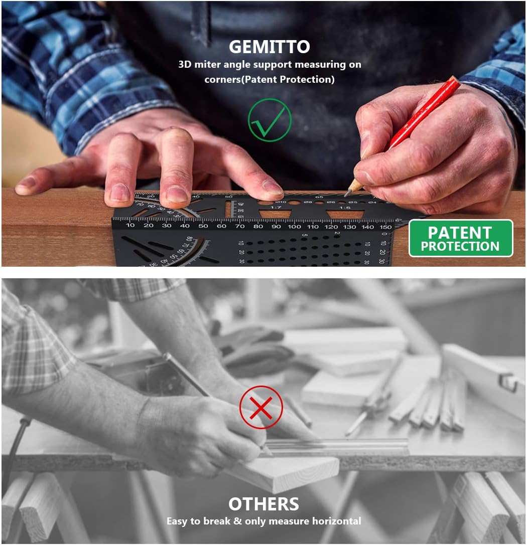 GEMITTO 3D Woodworking Carpenter Square Ruler, Mitre Angle Measuring Template Tools Measure Professional Sturdy Aluminum Alloy Metal Gauge for Engineers Carpenters Men Dad Father(Metric System)