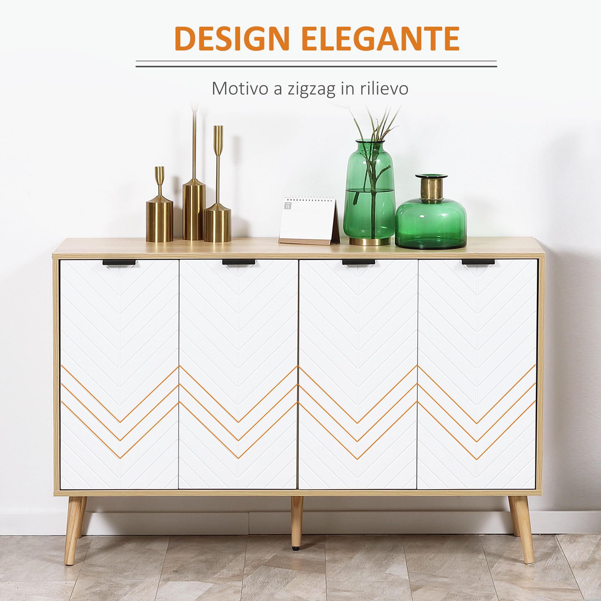 HOMCOM Credenza Cucina, Mobile Cucina con Ripiani Regolabili e Gambe in Legno di Pino, Credenza Buffet Moderno per Soggiorno, Salotto, Sala da Pranzo, 120x35x77.4cm, Naturale e Bianco